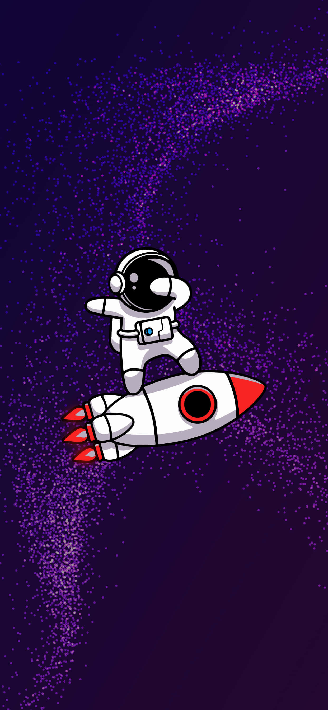 Amazing Astronaut 桌布 壁紙 — 一個卡通太空人乘坐火箭穿過閃爍的紫色星域，營造出夢幻的太空場景。