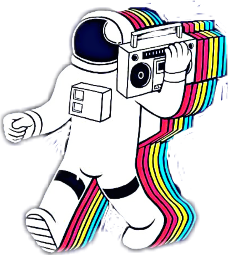 Spaceman 桌布 壁紙 — 一個卡通太空人向前走，手持一個手提音響，身後有彩虹聲波尾隨。