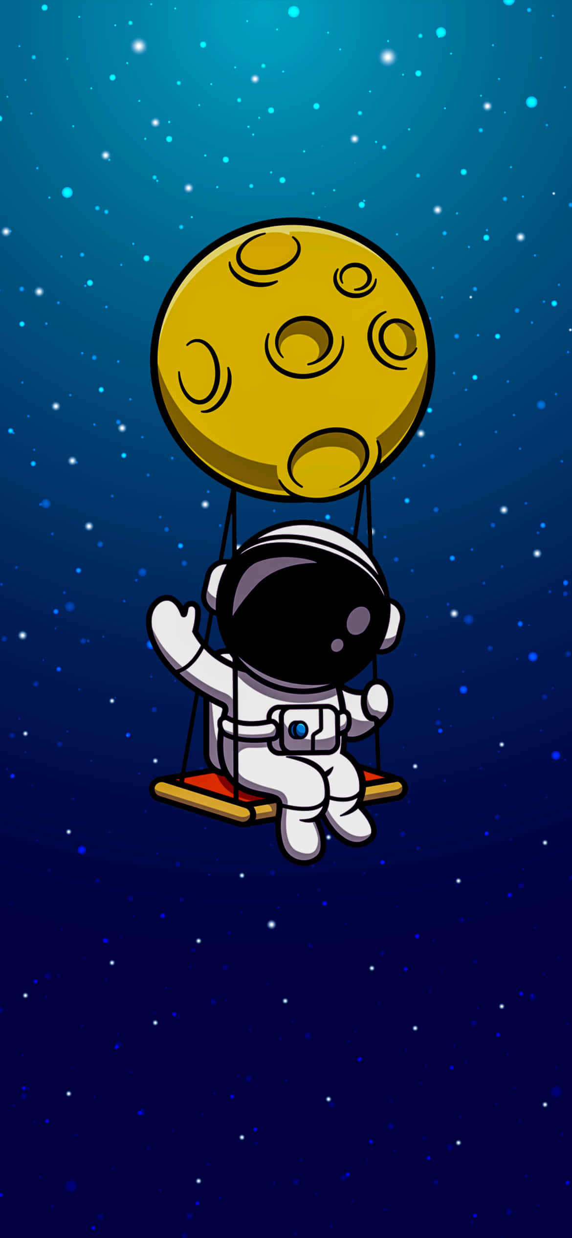Animated Space 桌布 壁紙 — 一個卡通太空人在一個由繩索懸掛在巨大黃色月亮上的鞦韆上揮手，背景是佈滿星星的藍色夜空。
