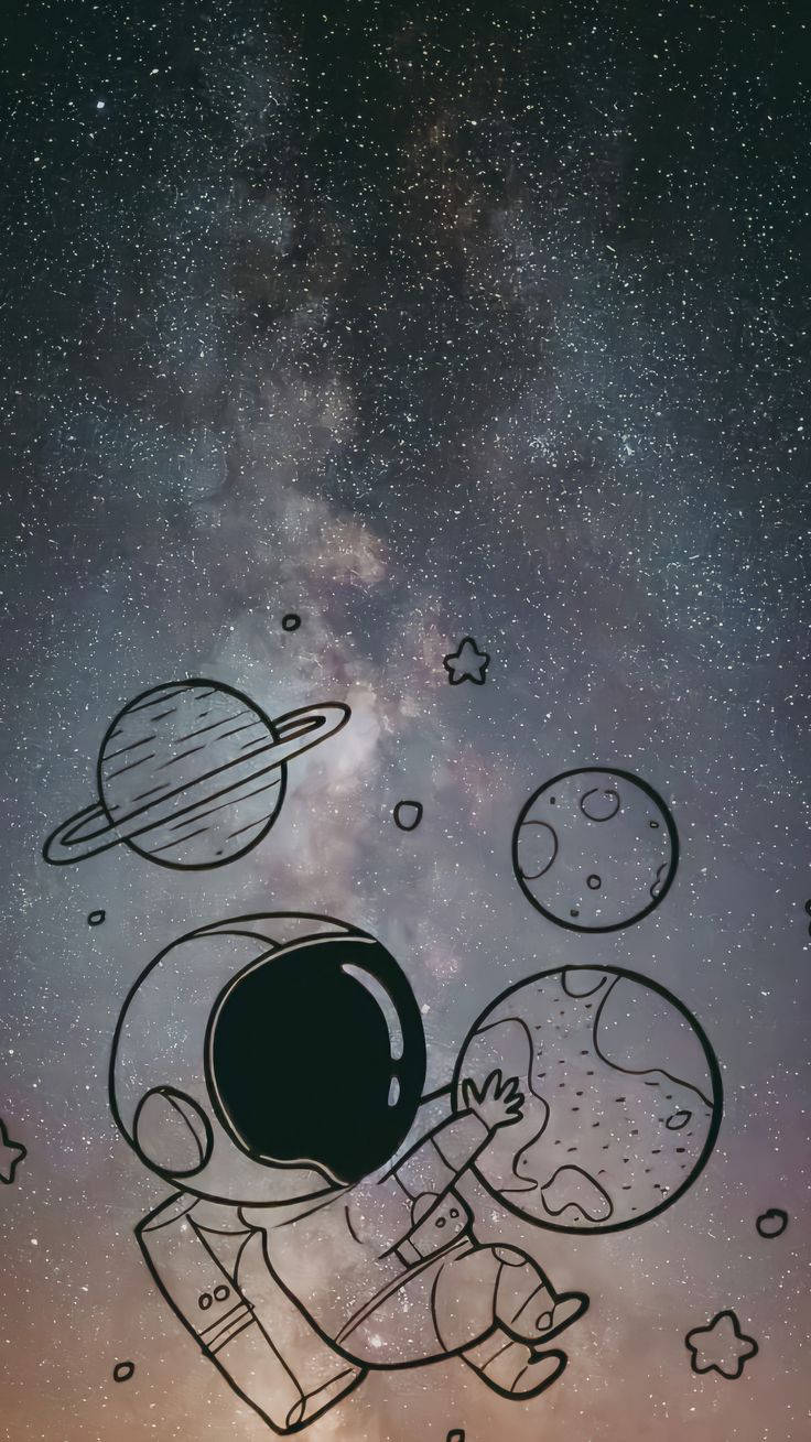  壁紙 — 一個卡通太空人在太空漂浮，伸手觸及一顆行星，背景是繁星點點的銀河。