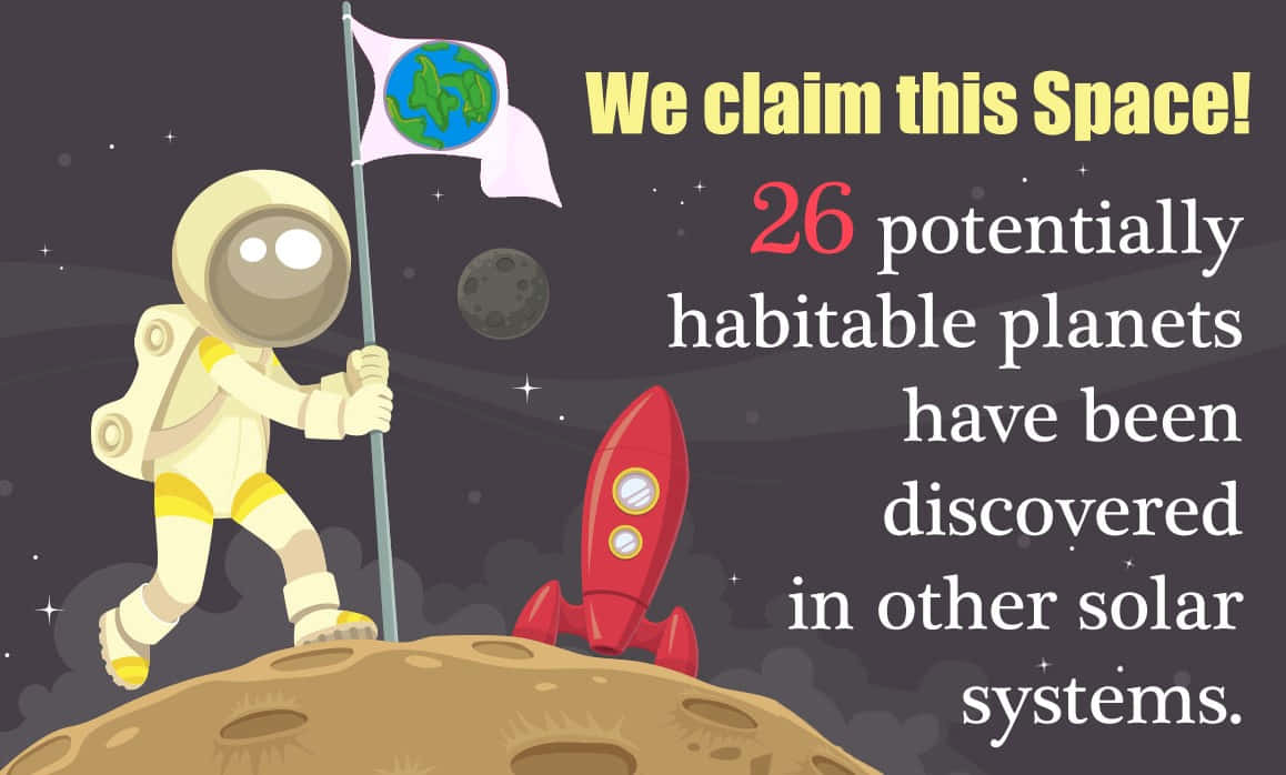 Space Colonization 桌布 壁紙 — 一個卡通太空人在岩石行星上插旗，附近有一枚紅色火箭，背景是星空。