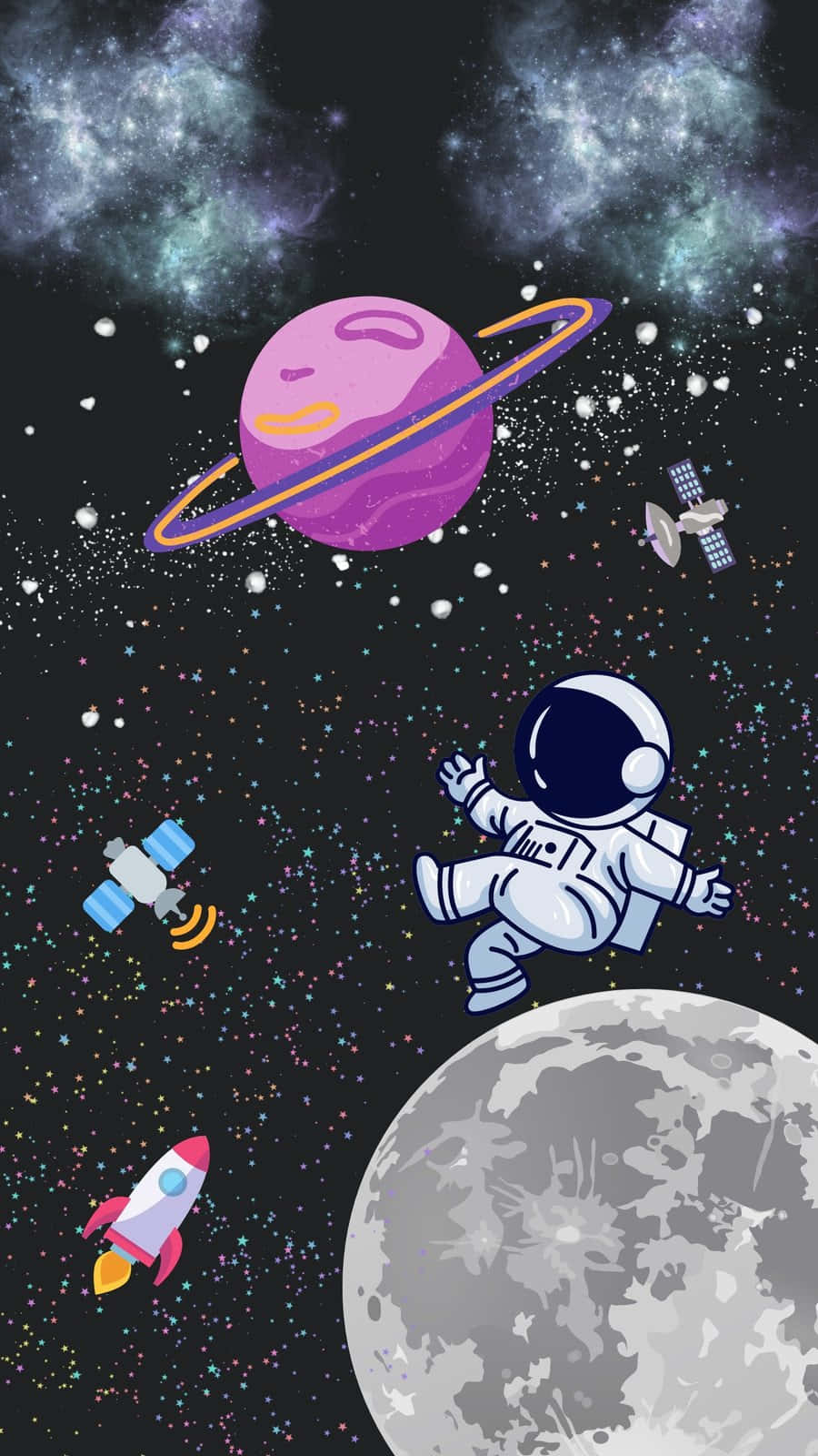 iPhone 桌布 壁紙 — 一個卡通太空人在星星中漂浮，附近有一個帶環的紫色行星和月亮，還有色彩繽紛的火箭和衛星。