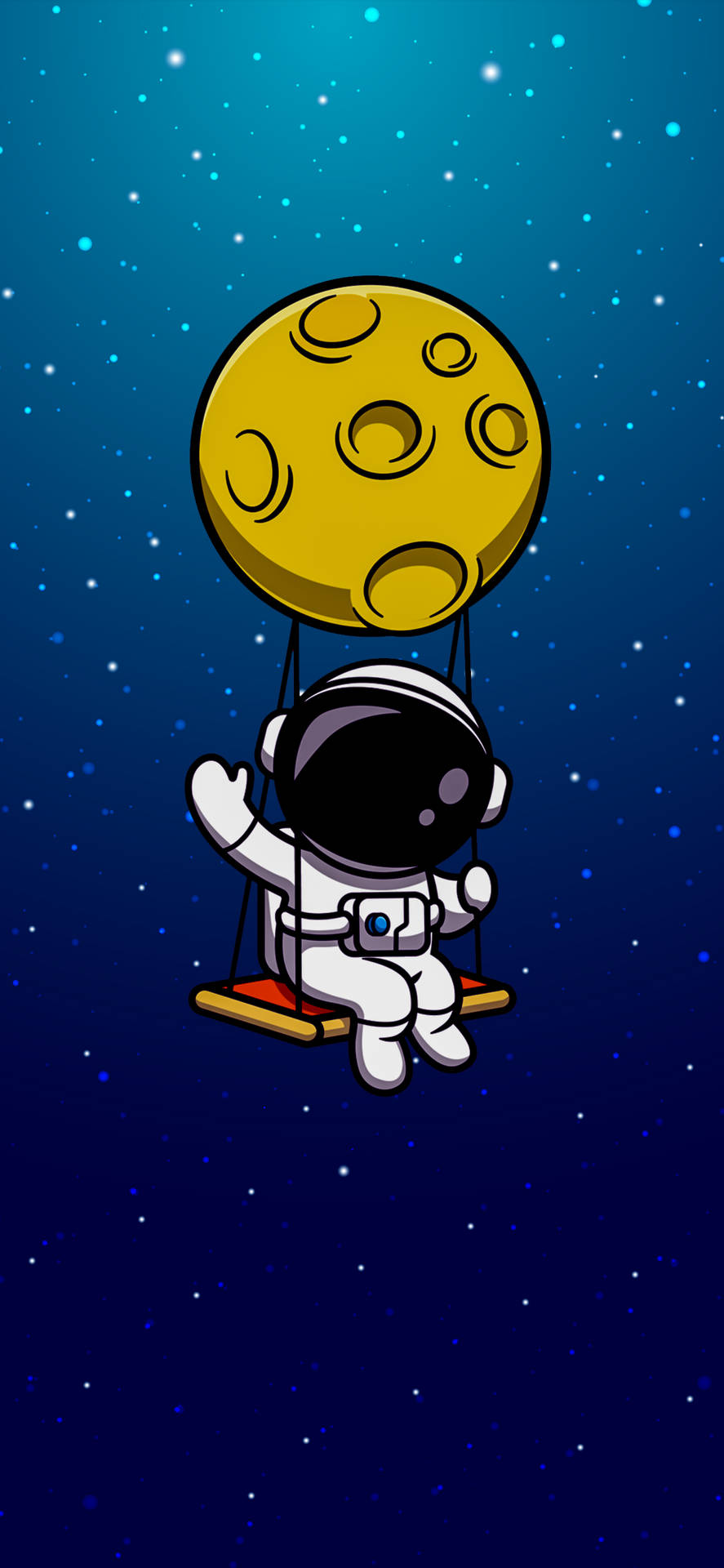 壁紙 — 一個卡通太空人在星空夜空中由月亮懸掛的鞦韆上愉快地揮手。