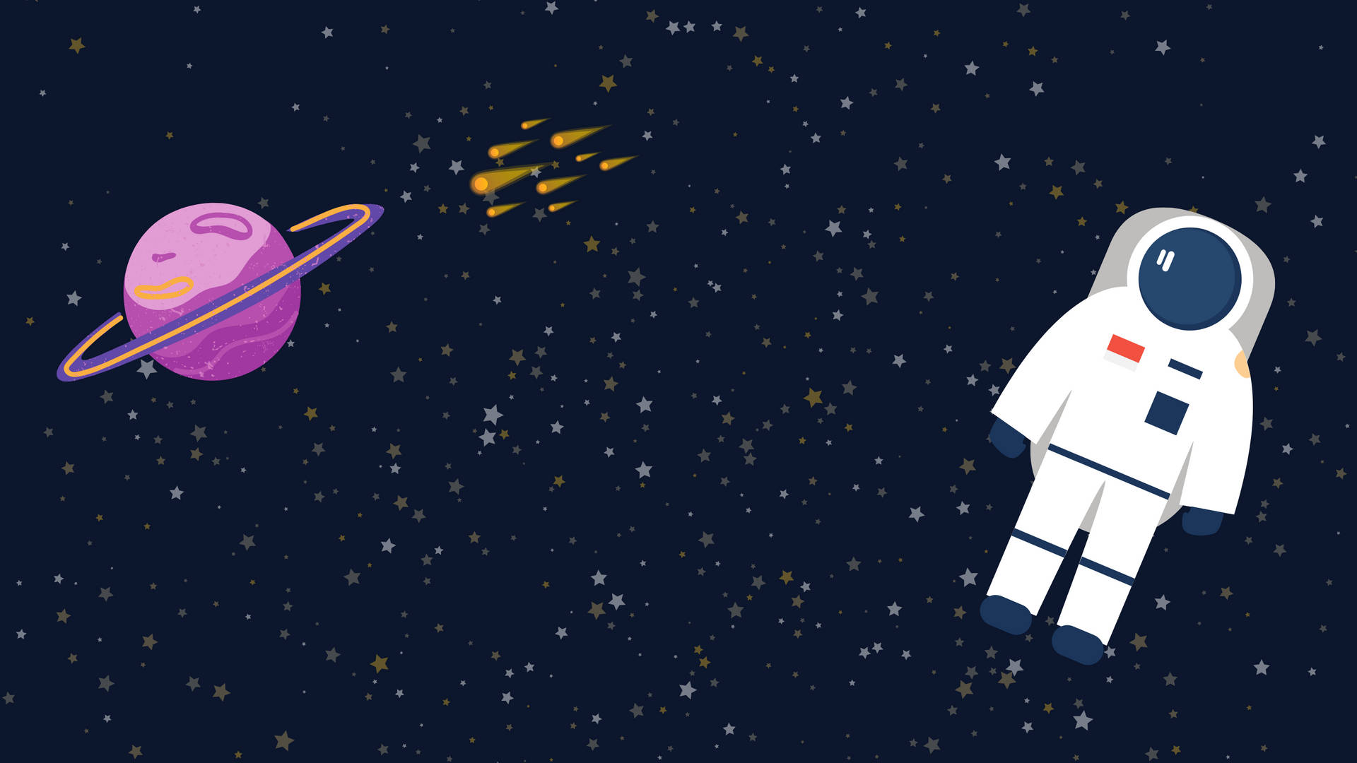  壁紙 — 一個卡通太空人在星空漂浮，附近有紫色環狀行星和流星。