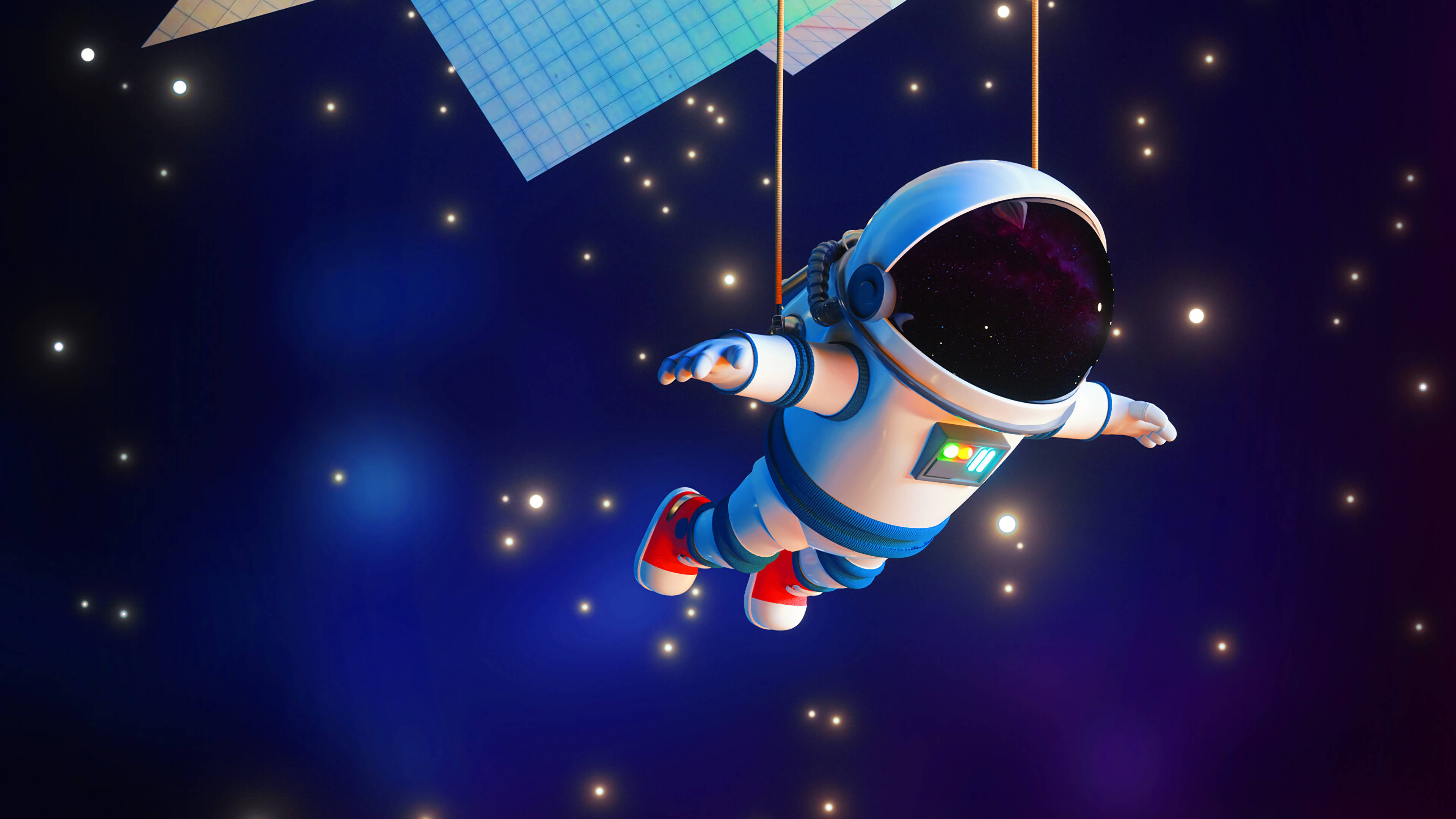 3D 桌布 壁紙 — 一個卡通太空人在深空中無重力漂浮，靠近一個衛星，背景有閃爍的星星。
