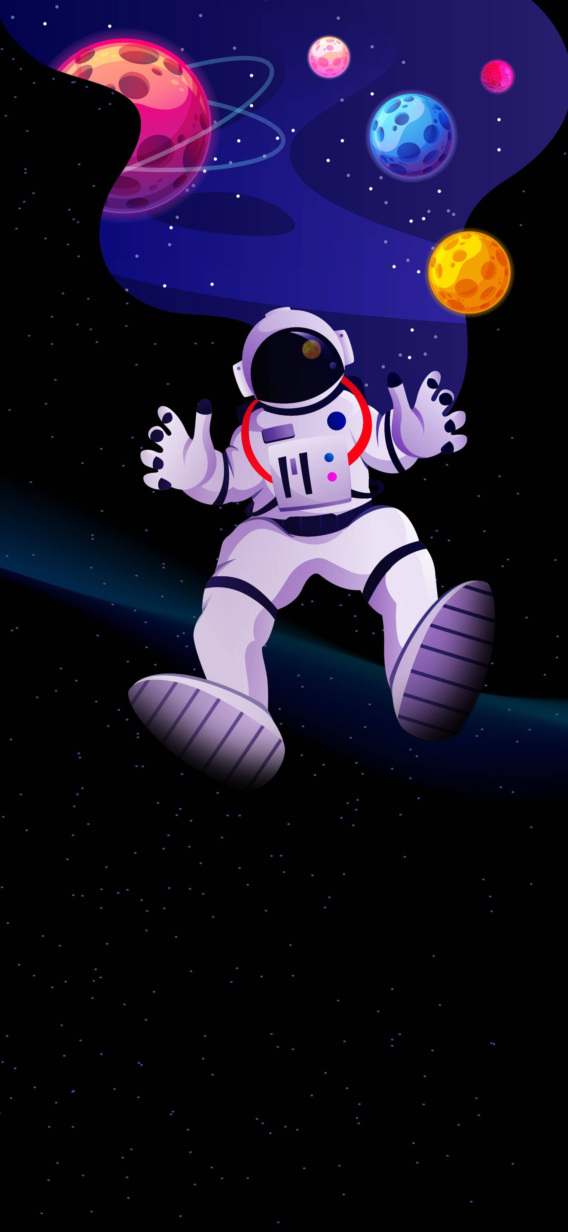 太空人 桌布 壁紙 — 一個卡通太空人在色彩繽紛的行星和星星環繞的太空中快樂地漂浮。