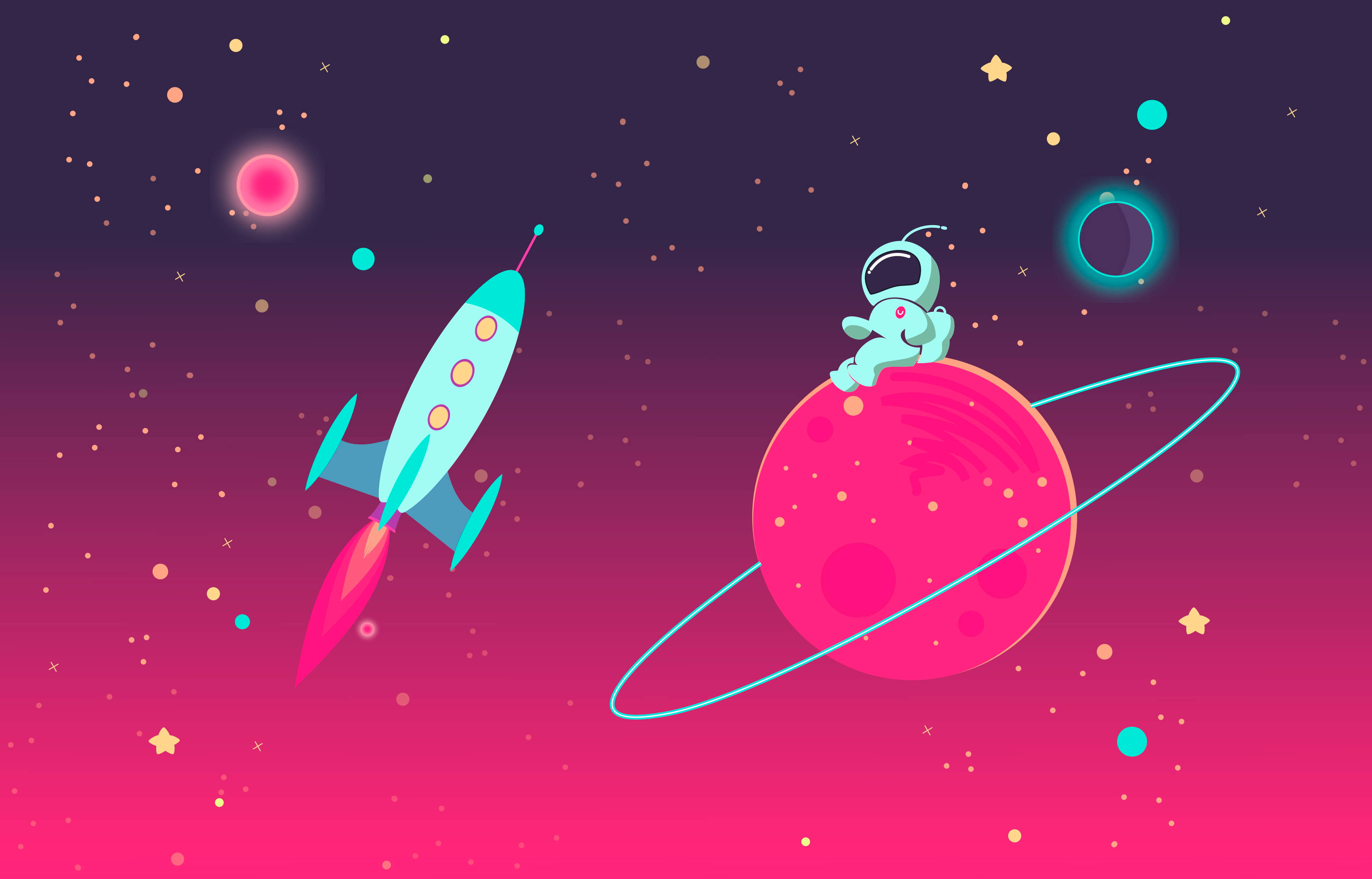 火箭 桌布 壁紙 — 一個卡通太空人坐在一個粉紅色有環的行星上，一枚火箭在充滿活力的宇宙場景中飛過。