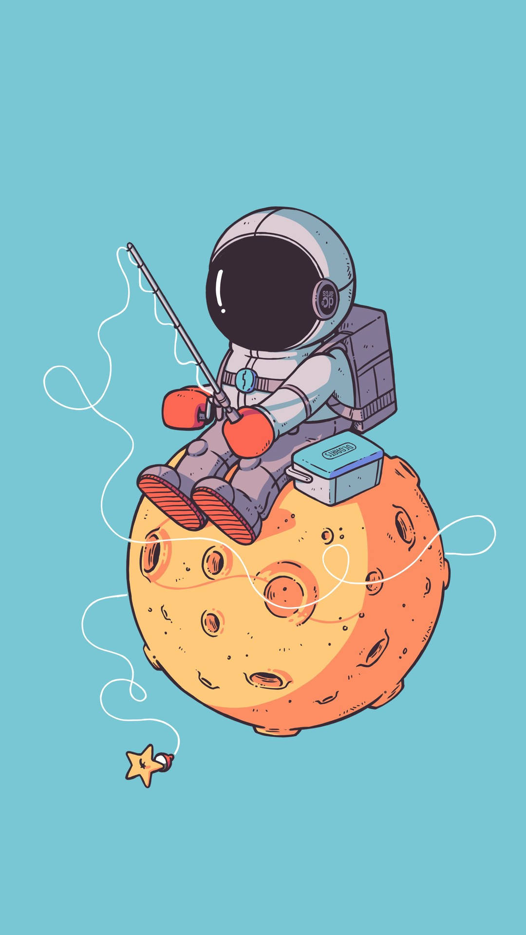  壁紙 — 一個卡通太空人坐在月球頂上釣魚，魚線垂向下方的一顆星星，背景是青綠色的天空。
