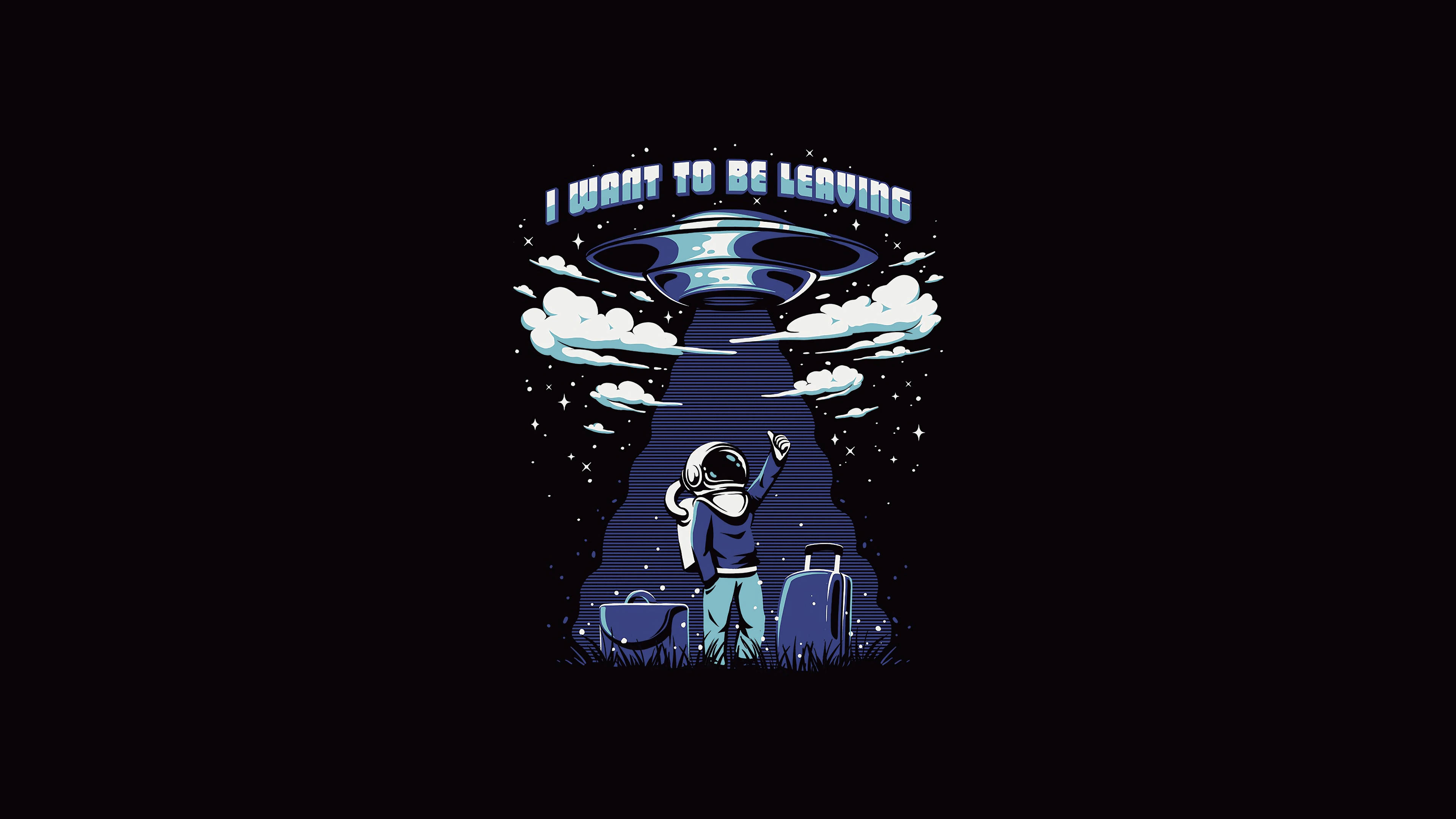 astronaut aesthetic 桌布 壁紙 — 一個卡通太空人揮手告別，而UFO在星空下用光束將他們連同行李帶走。