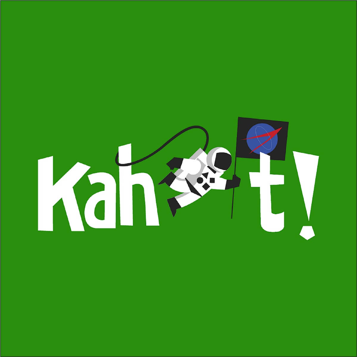 Kahoot 桌布 壁紙 — 一個卡通太空人漂浮在「Kahoot!」字母之間，手持一面帶有藍色星球和紅色箭頭的旗幟，背景為綠色。