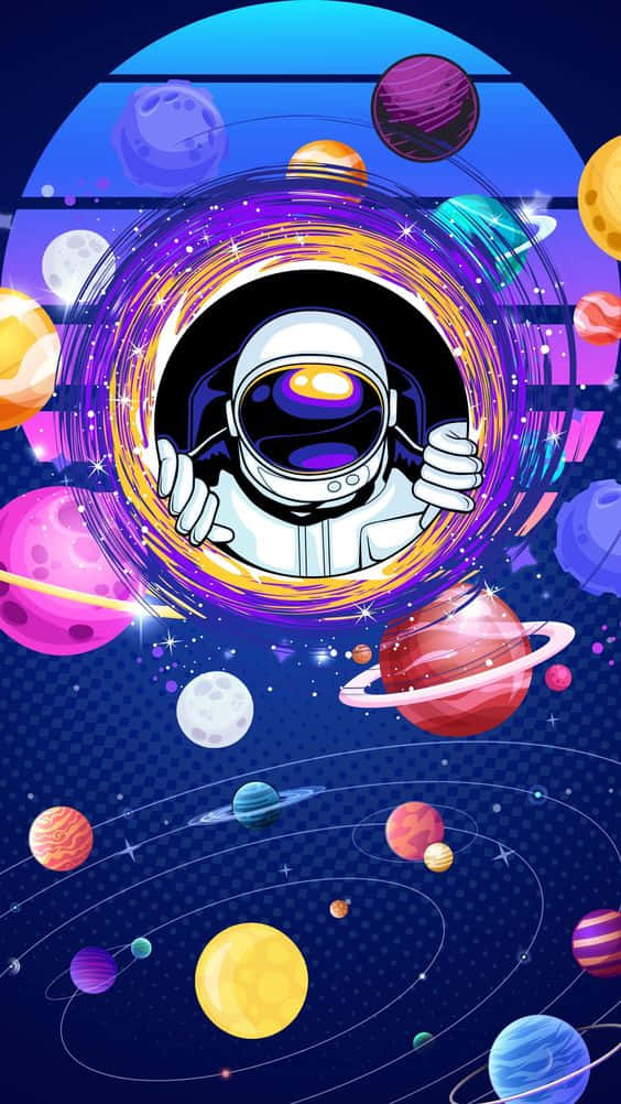 Hipster Tumblr 桌布 壁紙 — 一個卡通太空人漂浮在充滿活力的宇宙隧道中，周圍環繞著色彩繽紛的行星和星星。
