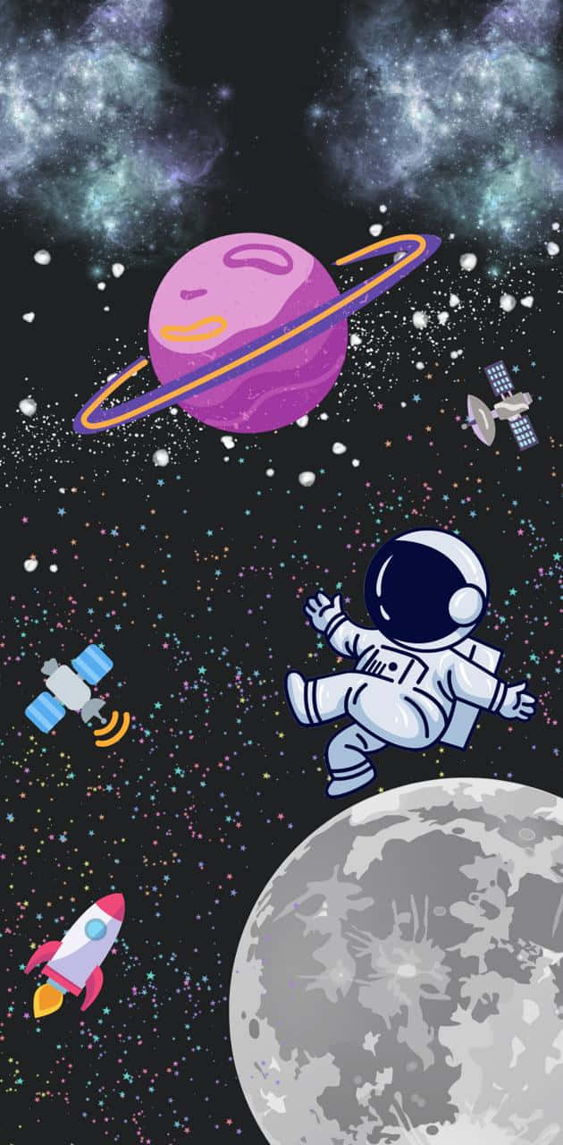  壁紙 — 一個卡通太空人漂浮在月球附近，背景有紫色環狀行星和火箭，構成星空宇宙場景。