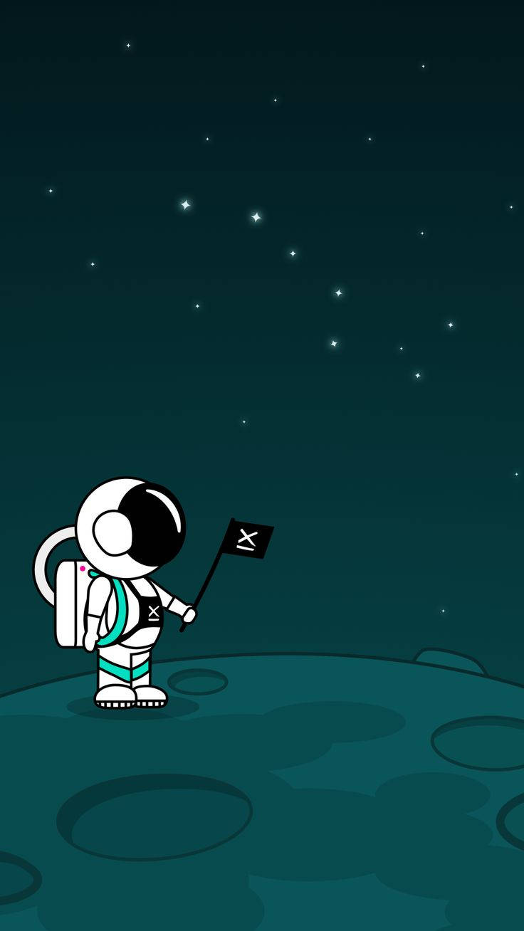  壁紙 — 一個卡通太空人站在佈滿隕石坑的月球上，在繁星點點的夜空下舉著旗幟。