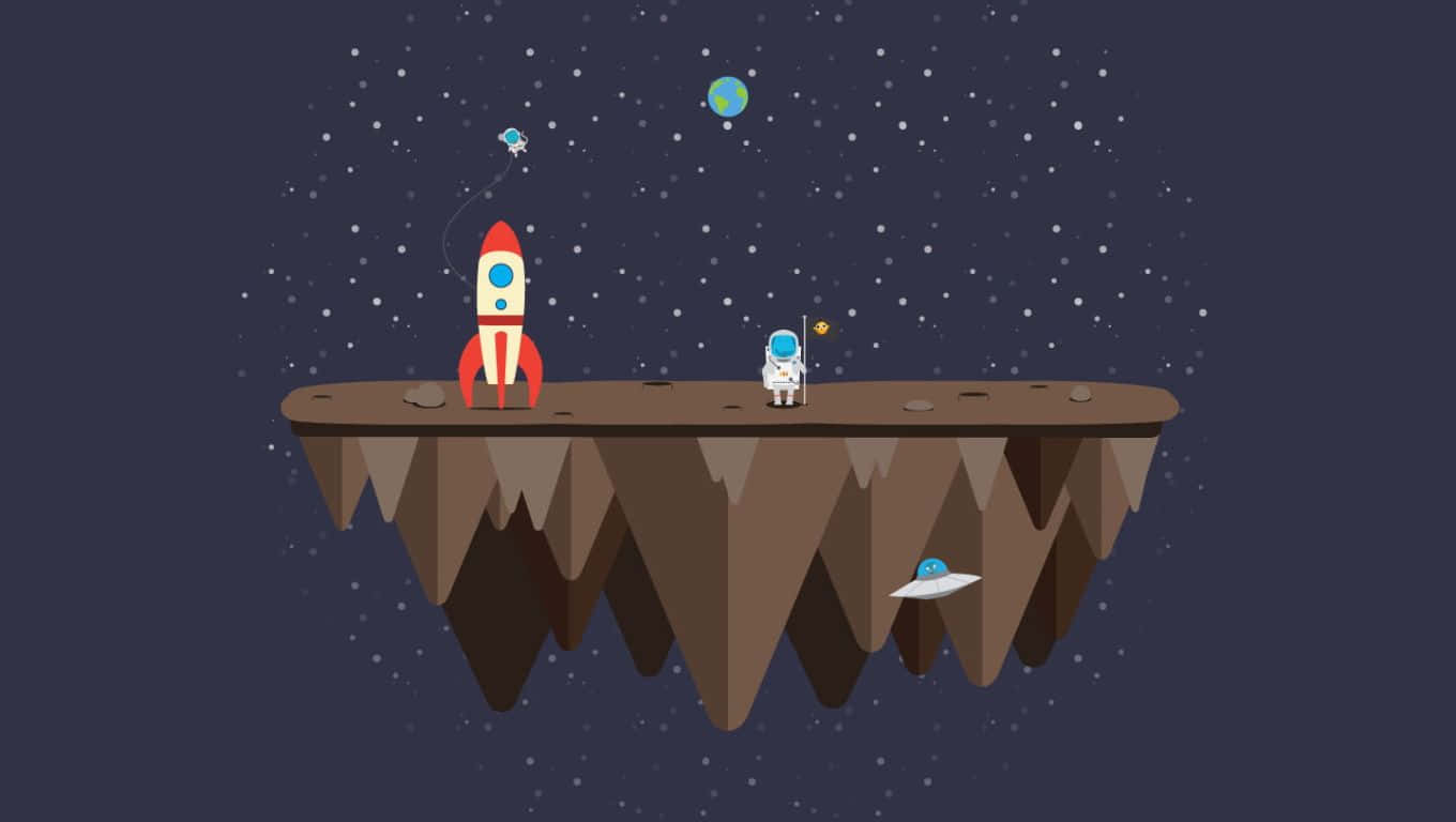 1360x768 桌布 壁紙 — 一個卡通太空人站在浮島上，有火箭和UFO，背景是星空夜空和遙遠的行星。