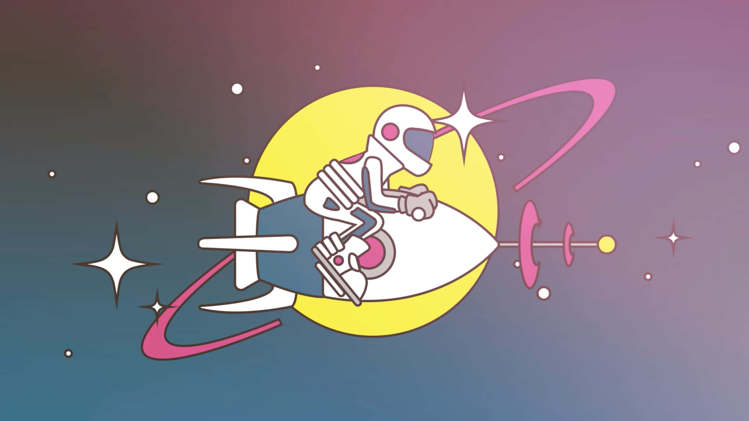 Astronaut In Space 桌布 壁紙 — 一個卡通太空人騎著火箭經過一個黃色的月亮，背景是紫色和藍色的漸變星空。