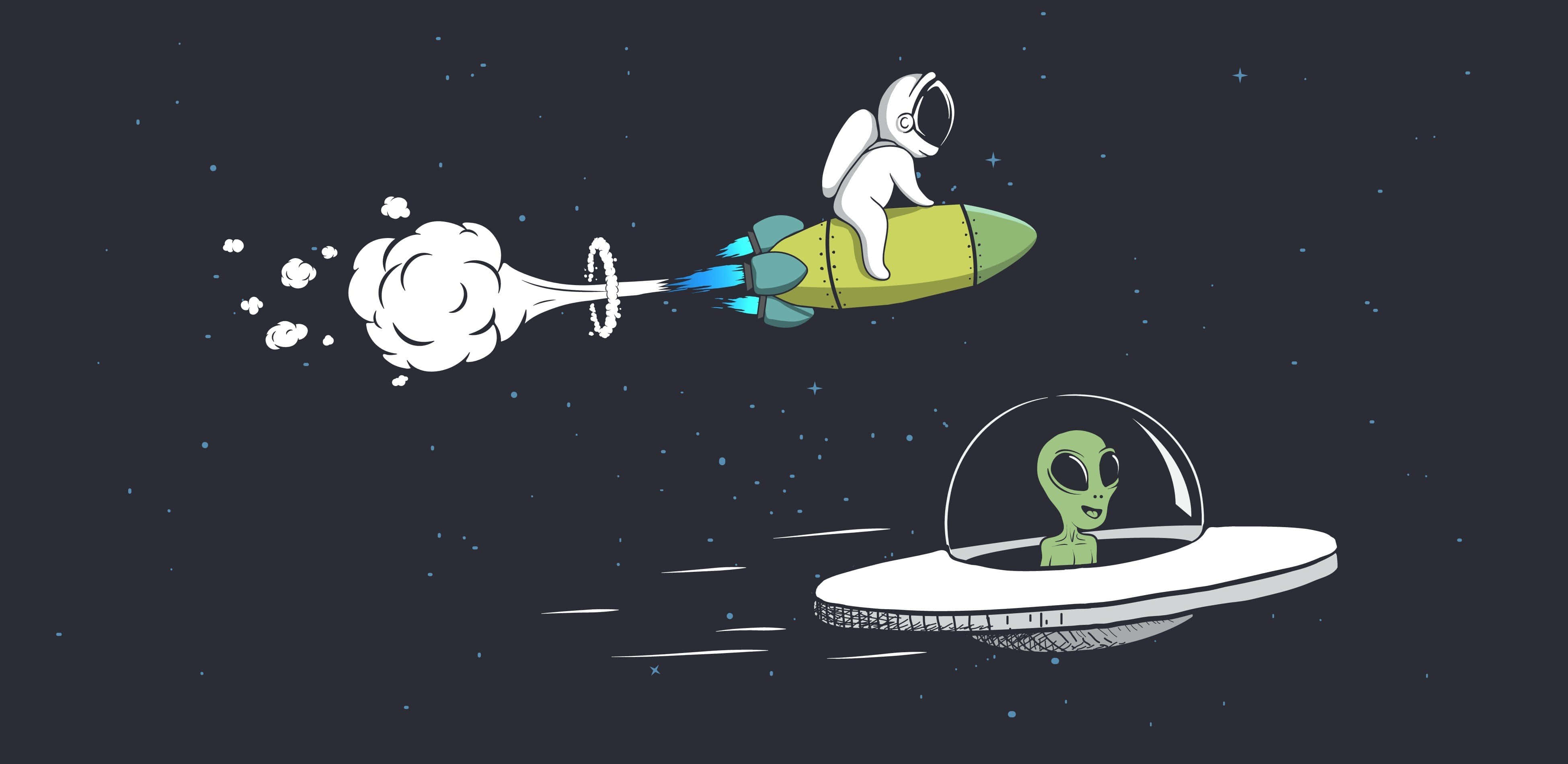Cartoon Alien 桌布 壁紙 — 一個卡通太空人騎著綠色火箭，在繁星點點的夜空下，飛過一個微笑的外星人乘坐的飛碟。