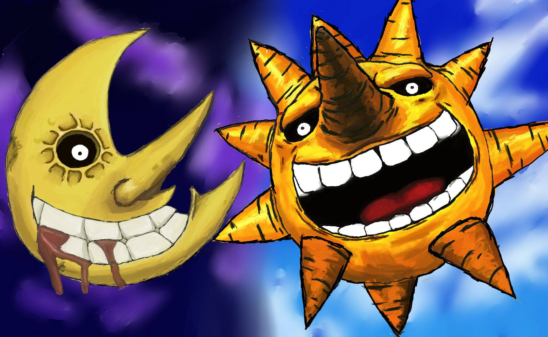 soul eater moon 桌布 壁紙 — 一個卡通太陽和月亮，帶著鋒利的牙齒，在暮色天空中猙獰地咧嘴笑。