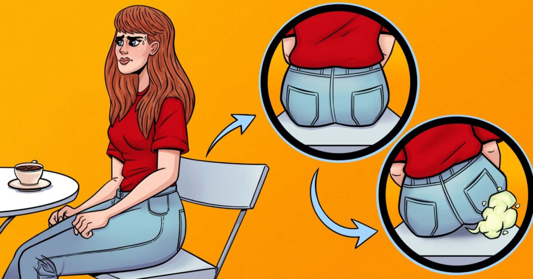 Fart 桌布 壁紙 — 一個卡通女人坐在桌子旁，插圖顯示她的牛仔褲鼓起然後漏出黃色黏液。