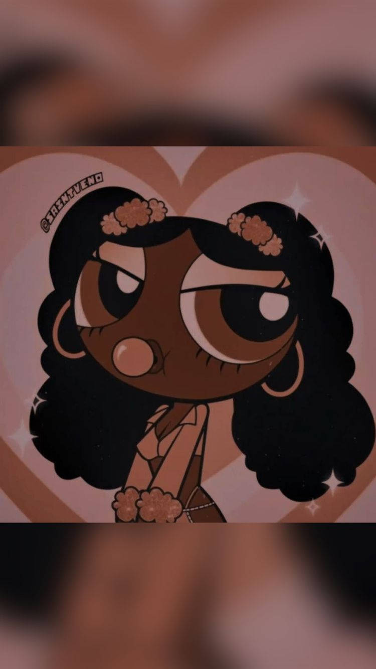 Powerpuff Girls 桌布 壁紙 — 一個卡通女孩，大眼睛，捲曲的頭髮上裝飾著花朵，站在心形背景前。
