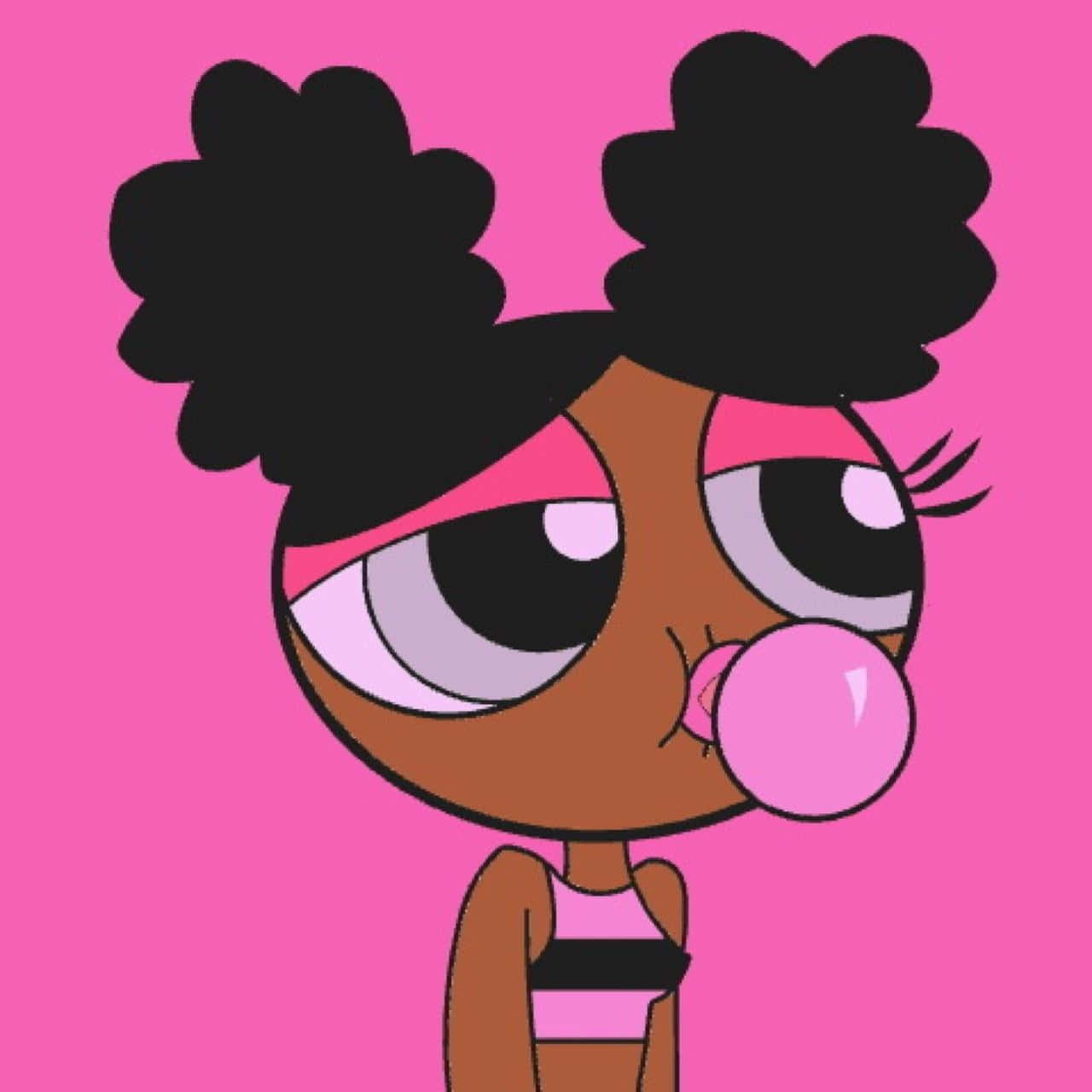 Black Cartoon Characters 桌布 壁紙 — 一個卡通女孩，大眼睛和非洲式蓬鬆頭髮，在純粉紅色背景上吹出粉紅色泡泡糖泡泡。