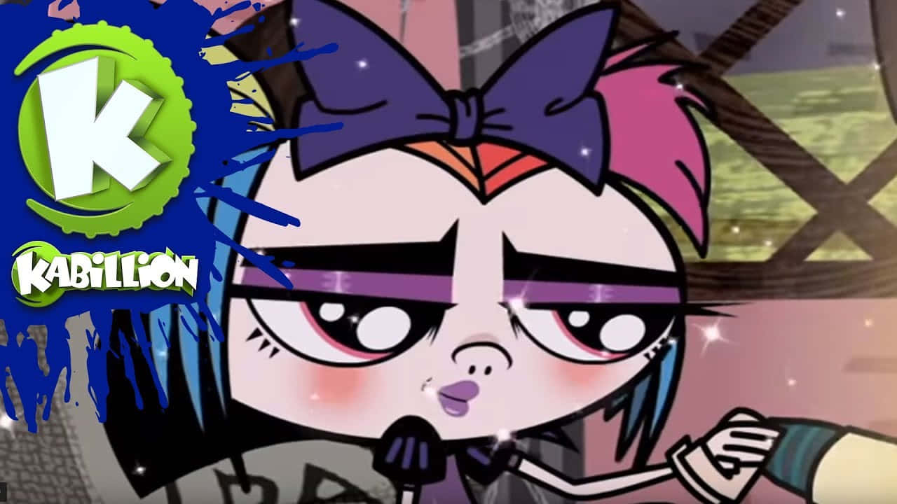 Cartoon Characters 桌布 壁紙 — 一個卡通女孩，戴著紫色蝴蝶結，眼神憤怒，拿著麥克風，背景是塗鴉條紋。