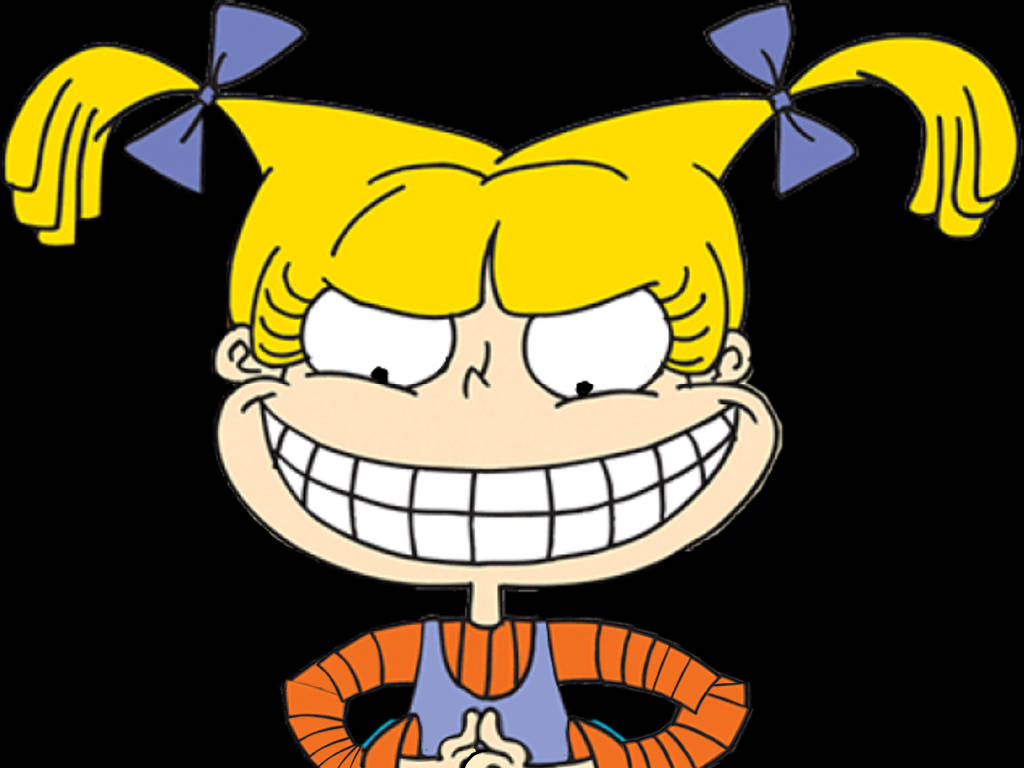 angelica pickles 桌布 壁紙 — 一個卡通女孩，扎著黃色辮子，繫著藍色蝴蝶結，在黑色背景前咧嘴大笑。