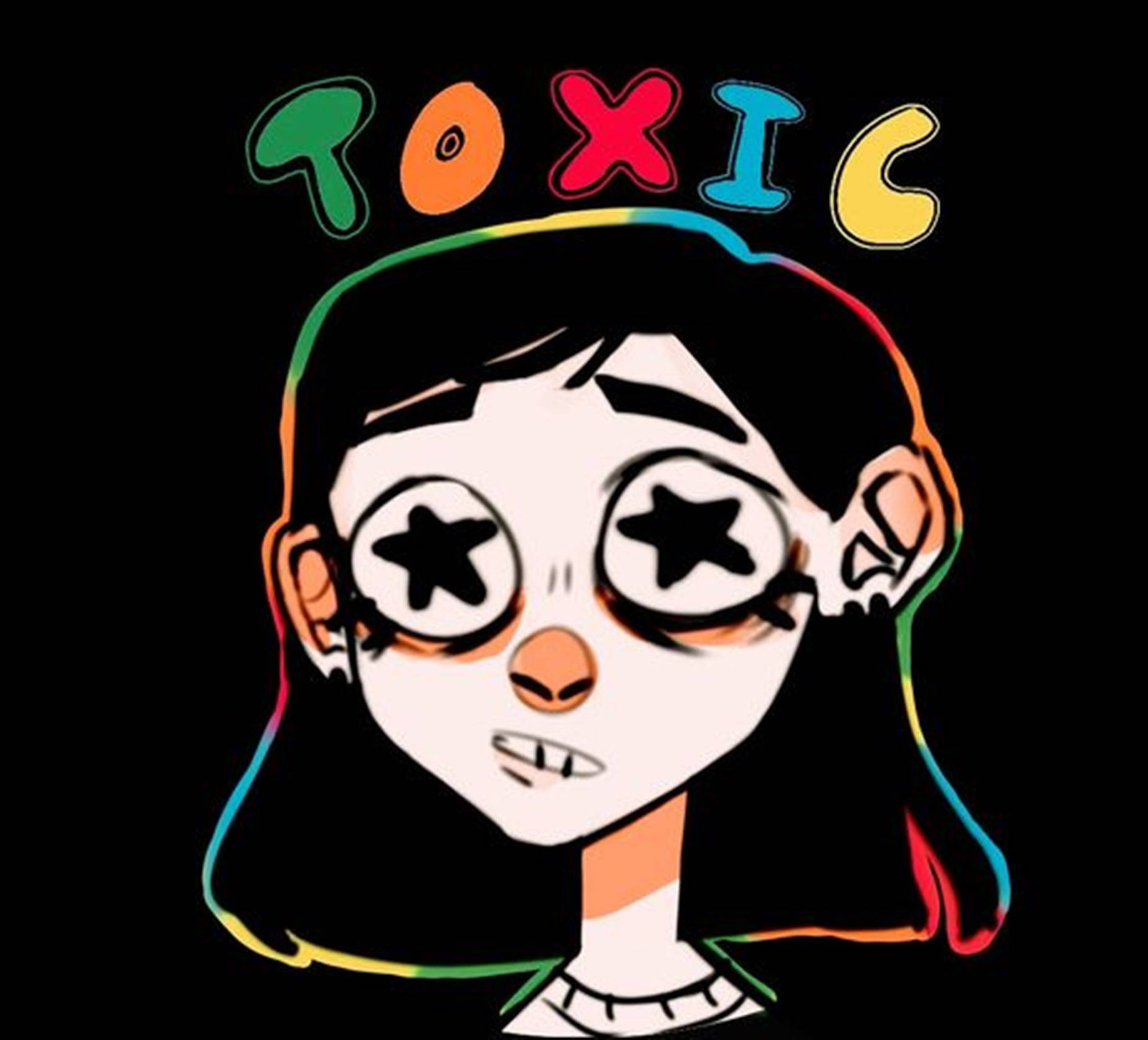 Cartoon 桌布 壁紙 — 一個卡通女孩，擁有星形眼睛和彩虹輪廓，位於彩色字母拼成的 toxic 字樣下方。