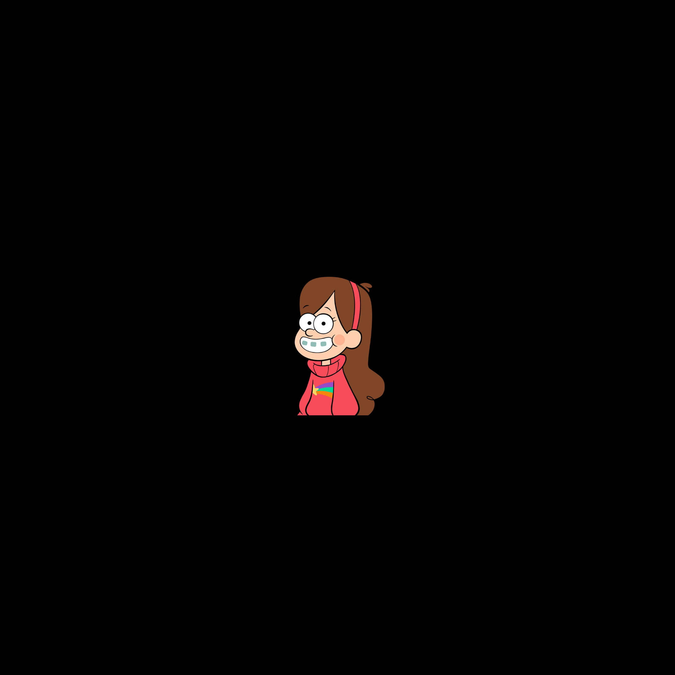 Mabel 桌布 壁紙 — 一個卡通女孩，棕色頭髮，穿著紅色連帽衫，在純黑色背景上燦爛微笑。