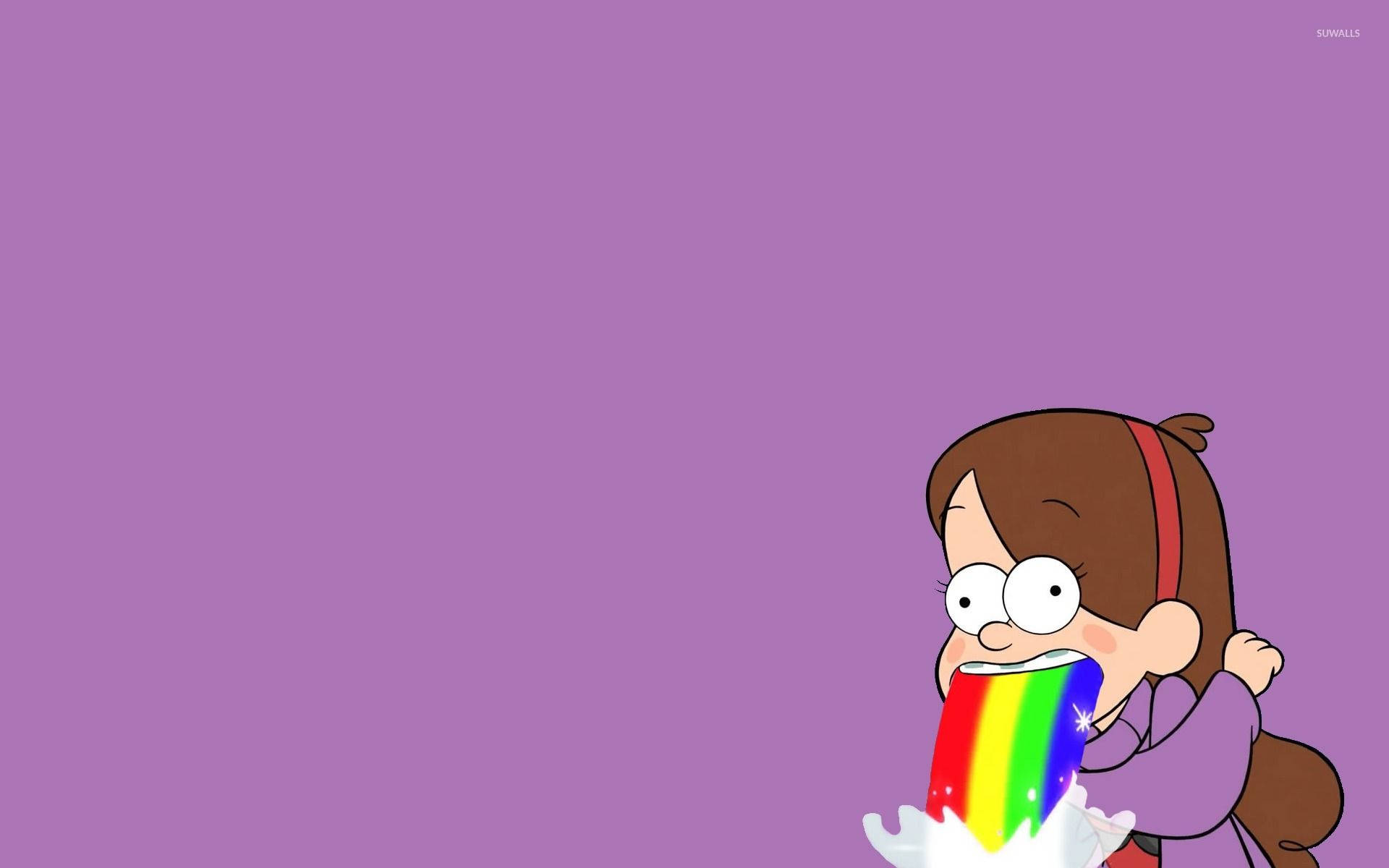 Mabel 桌布 壁紙 — 一個卡通女孩，棕色頭髮，紅色頭帶，在純紫色背景上快樂地吐出閃閃發光的彩虹。