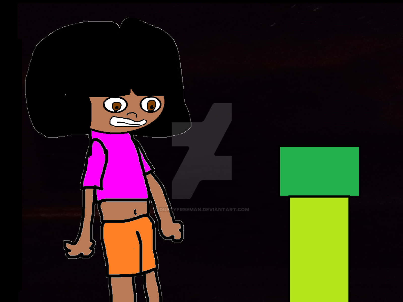 Funny Dora 桌布 壁紙 — 一個卡通女孩，爆炸頭，粉紅色襯衫，站在綠色和黃色方塊旁邊，背景深色。