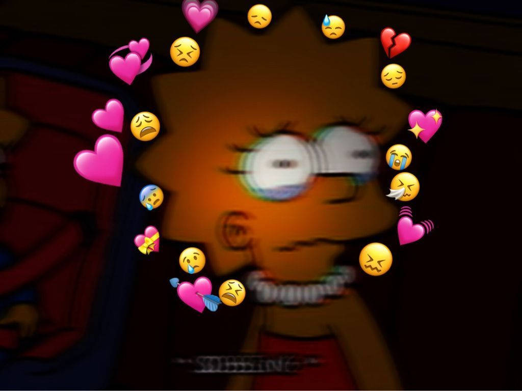 Sad Simpsons 桌布 壁紙 — 一個卡通女孩，眼睛大大，露出牙齒的笑容，被漂浮的心形和哭泣的表情符號包圍在黑暗的環境中。