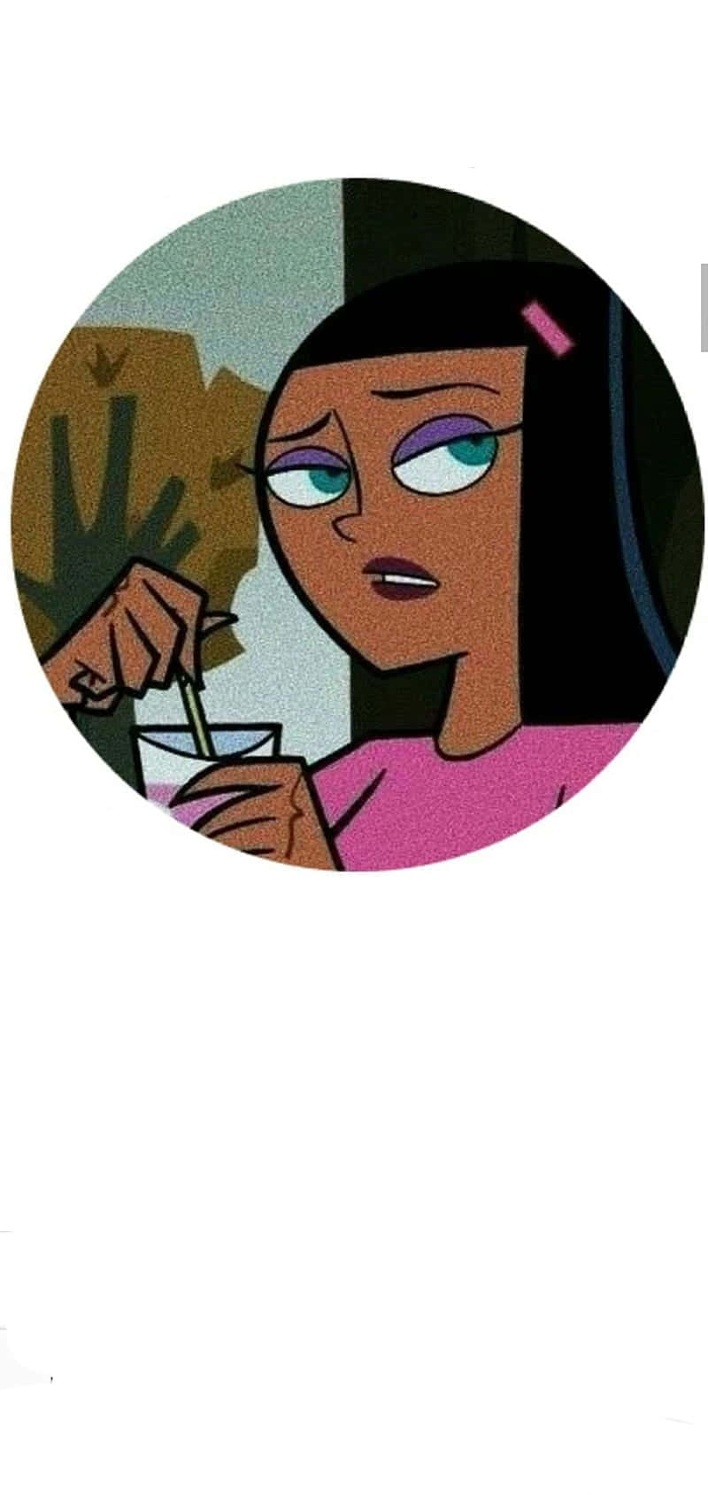 Danny Phantom 桌布 壁紙 — 一個卡通女孩，紫色眼睛，黑色頭髮，在圓形框架中用吸管攪拌飲料。