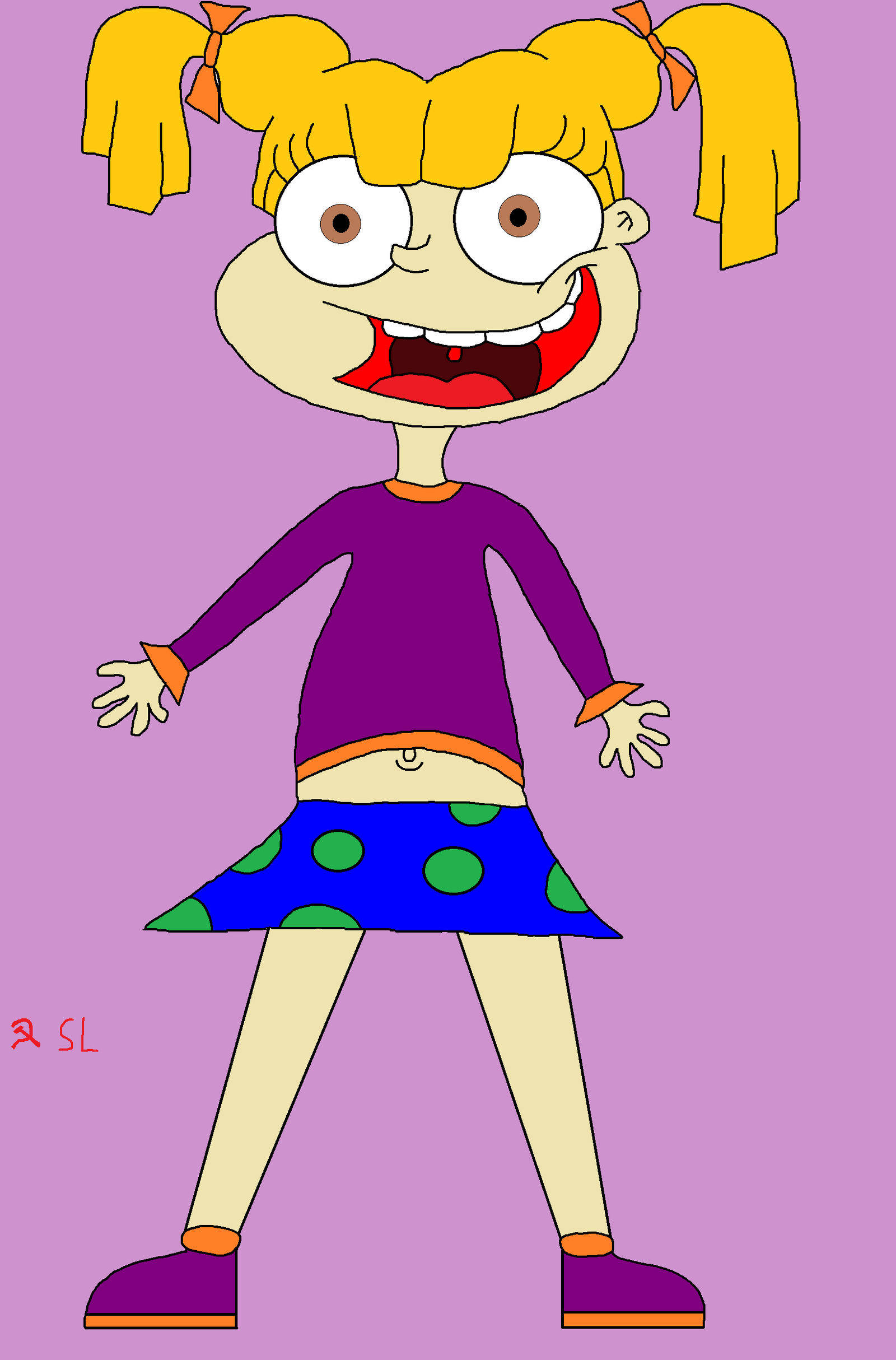 angelica pickles 桌布 壁紙 — 一個卡通女孩，綁著黃色辮子，穿著紫色服裝，站在純薰衣草色背景前，表情興奮。