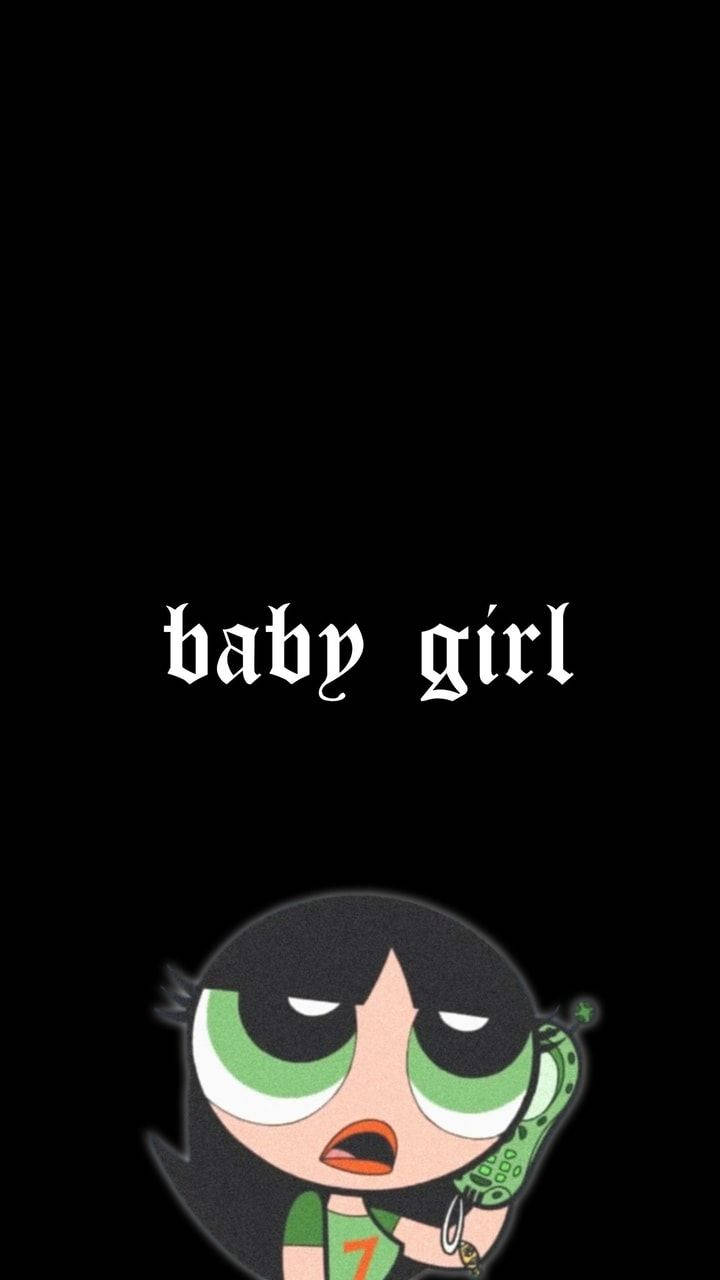 Powerpuff Girls 桌布 壁紙 — 一個卡通女孩，綠色眼睛，黑色頭髮，在黑色背景上帶著「baby girl」文字，看起來很惱火。