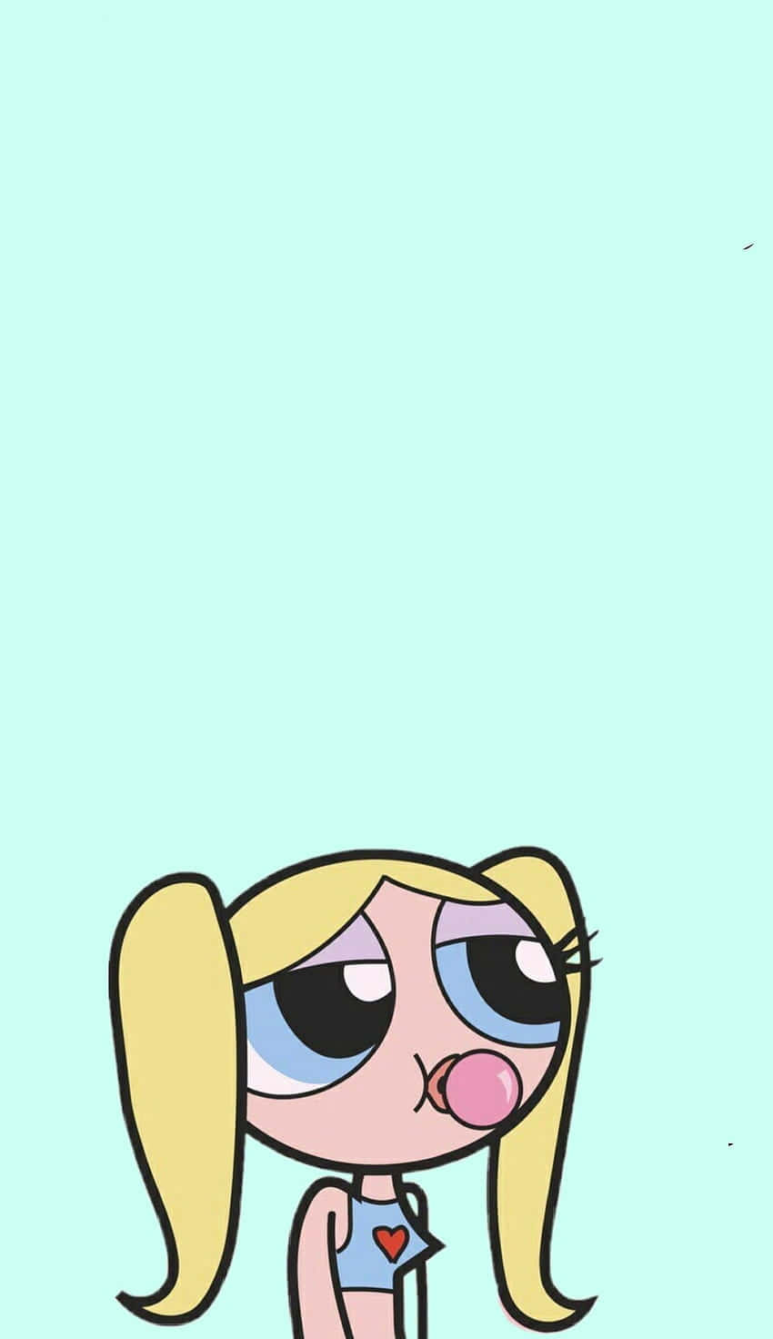 Powerpuff Girls 桌布 壁紙 — 一個卡通女孩，金色辮子，藍色大眼睛，在淺青色背景上吹出粉紅色泡泡。