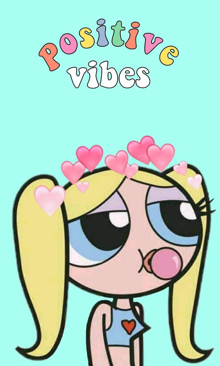 positive vibes 桌布 壁紙 — 一個卡通女孩，金色辮子，頭周圍有心形圖案，在淺藍色背景上吹泡泡，帶有「Positive vibes」文字。