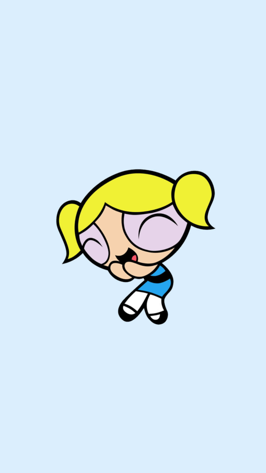 Powerpuff Girls 桌布 壁紙 — 一個卡通女孩，黃色辮子，藍色上衣，漂浮在淺藍色背景上。