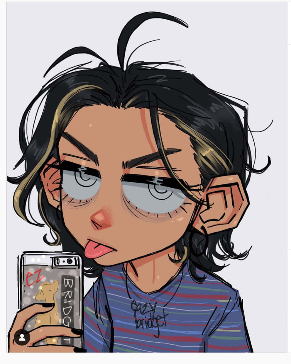 Grunge Cartoon 桌布 壁紙 — 一個卡通女孩，黑色亂髮戴眼鏡，伸出舌頭，手持一個有狗圖案手機殼的電話。