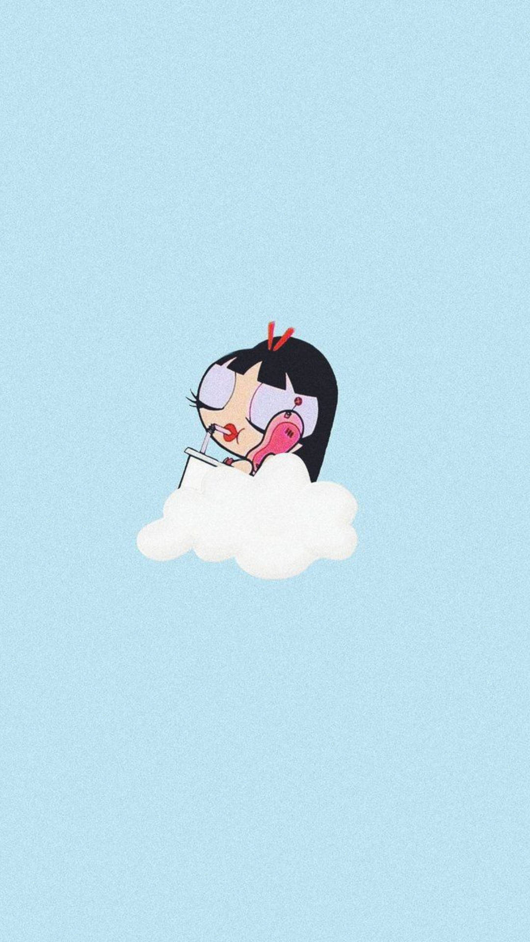 powerpuff girls baddie 桌布 壁紙 — 一個卡通女孩，黑色頭髮，紅色蝴蝶結，坐在柔軟藍天中蓬鬆的白雲上。