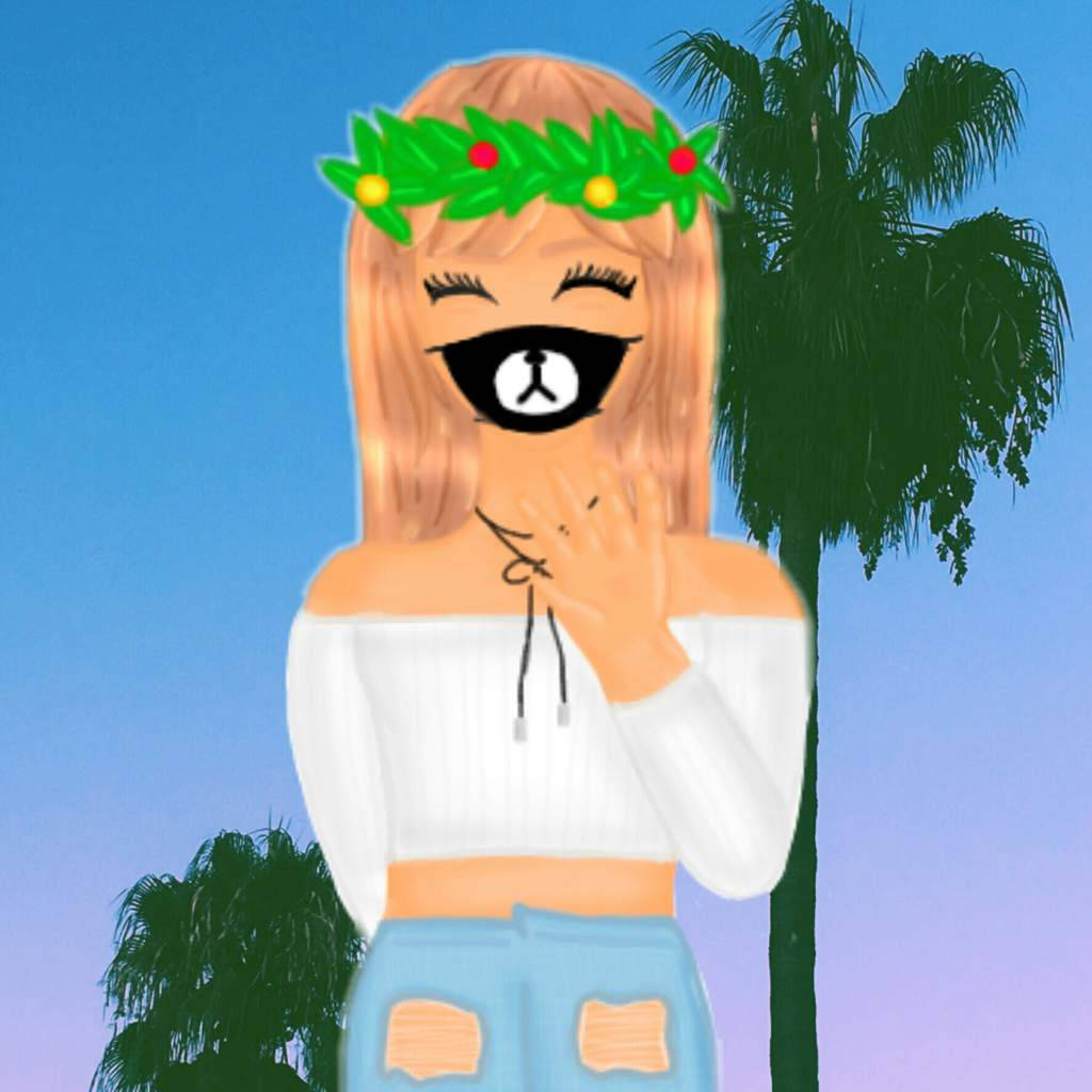 Roblox 桌布 壁紙 — 一個卡通女孩戴著熊面具和節日花環，站在棕櫚樹旁，背景是暮色天空。