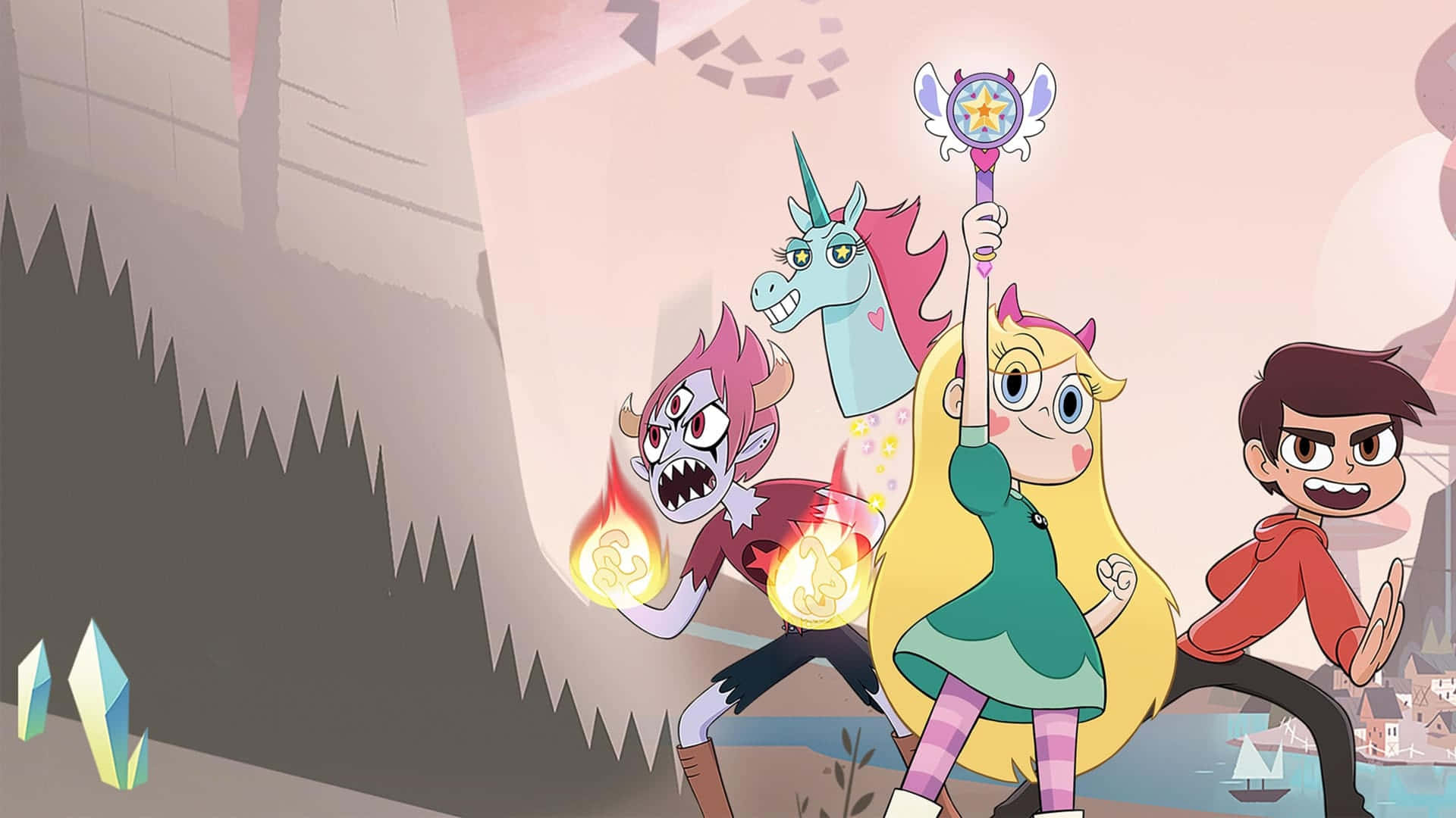 星蝶公主 桌布 壁紙 — 一個卡通女孩拿著魔法杖騎著獨角獸，而一個火焰惡魔和一個男孩在奇幻洞穴場景中向前衝。