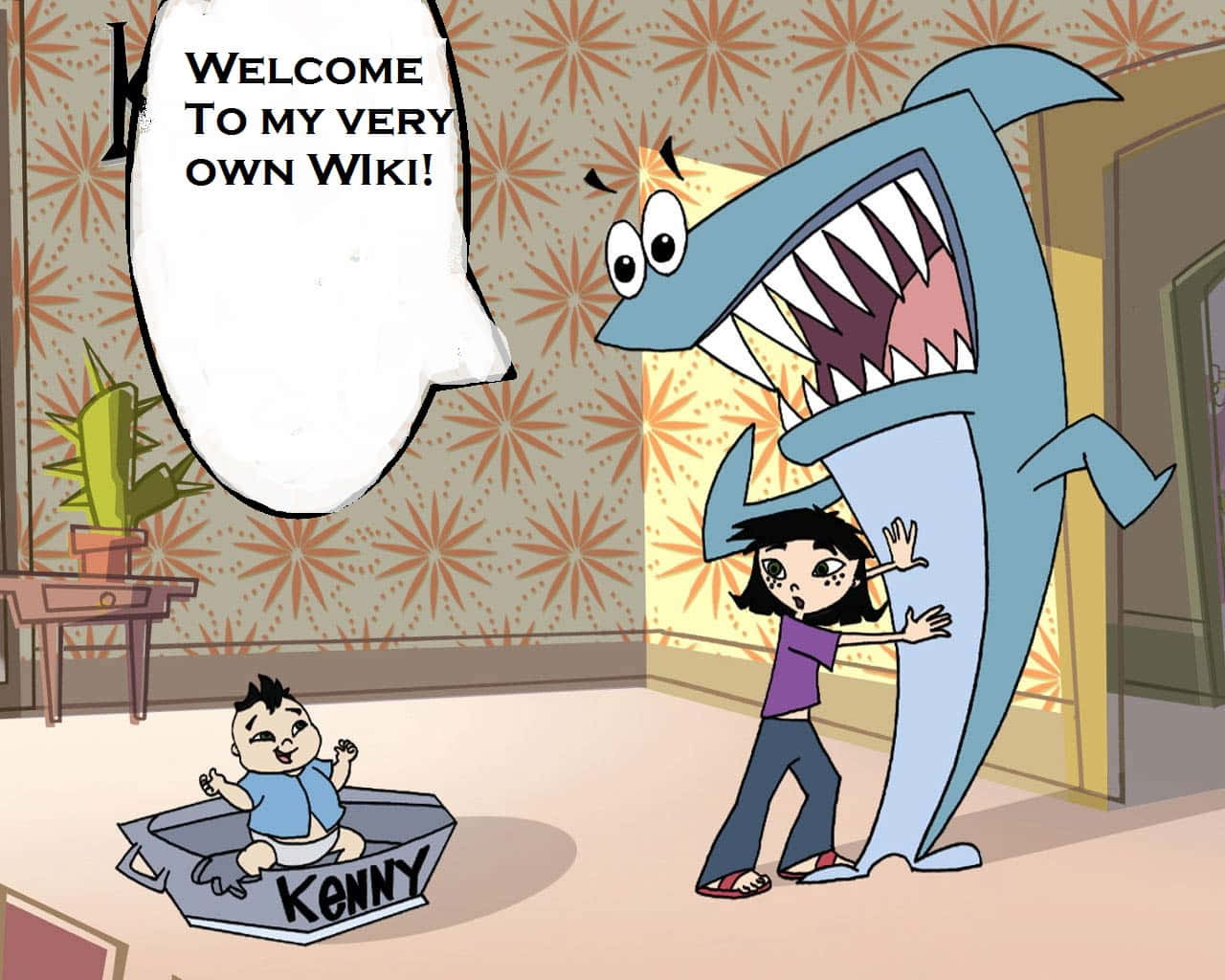 動畫 桌布 壁紙 — 一個卡通女孩擁抱一條巨型鯊魚，而一個嬰兒坐在一個標有「KENNY」的浴缸裡，房間裡有星爆圖案的壁紙。