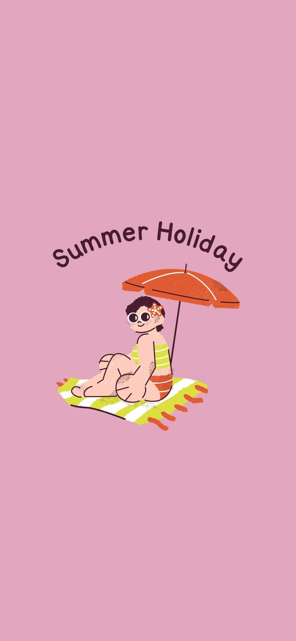 Illustration iPhone 桌布 壁紙 — 一個卡通女孩穿著條紋泳衣，在粉紅色背景上帶有「Summer Holiday」文字，在橙色遮陽傘下的綠色毛巾上休息。