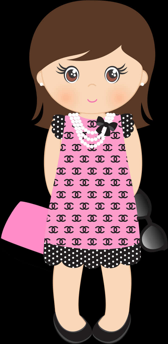Cartoon 桌布 壁紙 — 一個卡通女孩穿著粉紅色 Chanel 圖案連衣裙，帶有圓點飾邊和珍珠項鍊，站著拿著粉紅色手提包和太陽眼鏡。