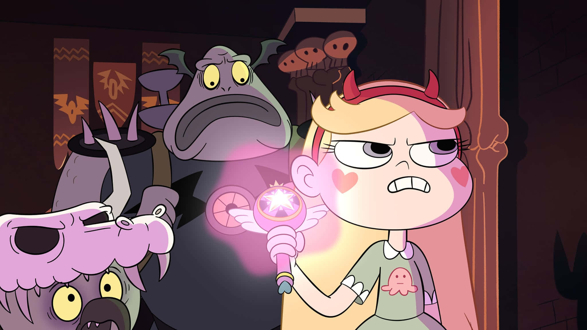 Star Vs The Forces Of Evil 桌布 壁紙 — 一個卡通女孩長著惡魔角，揮舞著發光的魔杖，三個怪物驚恐地看著。