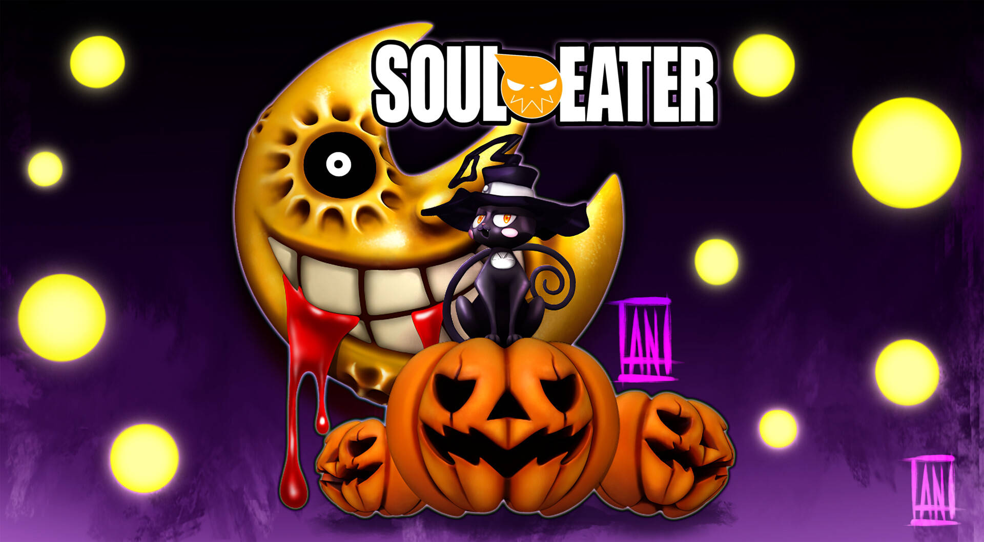 soul eater moon 桌布 壁紙 — 一個卡通女巫棲息在南瓜燈上，面前是一個咧嘴笑的彎月，滴著紅色液體，背景是紫色天空和發光球體。