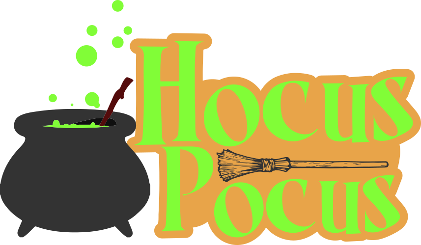 Hocus Pocus 桌布 壁紙 — 一個卡通女巫的大鍋，裝有綠色冒泡的藥水，旁邊有掃帚和粗體的「Hocus Pocus」文字。