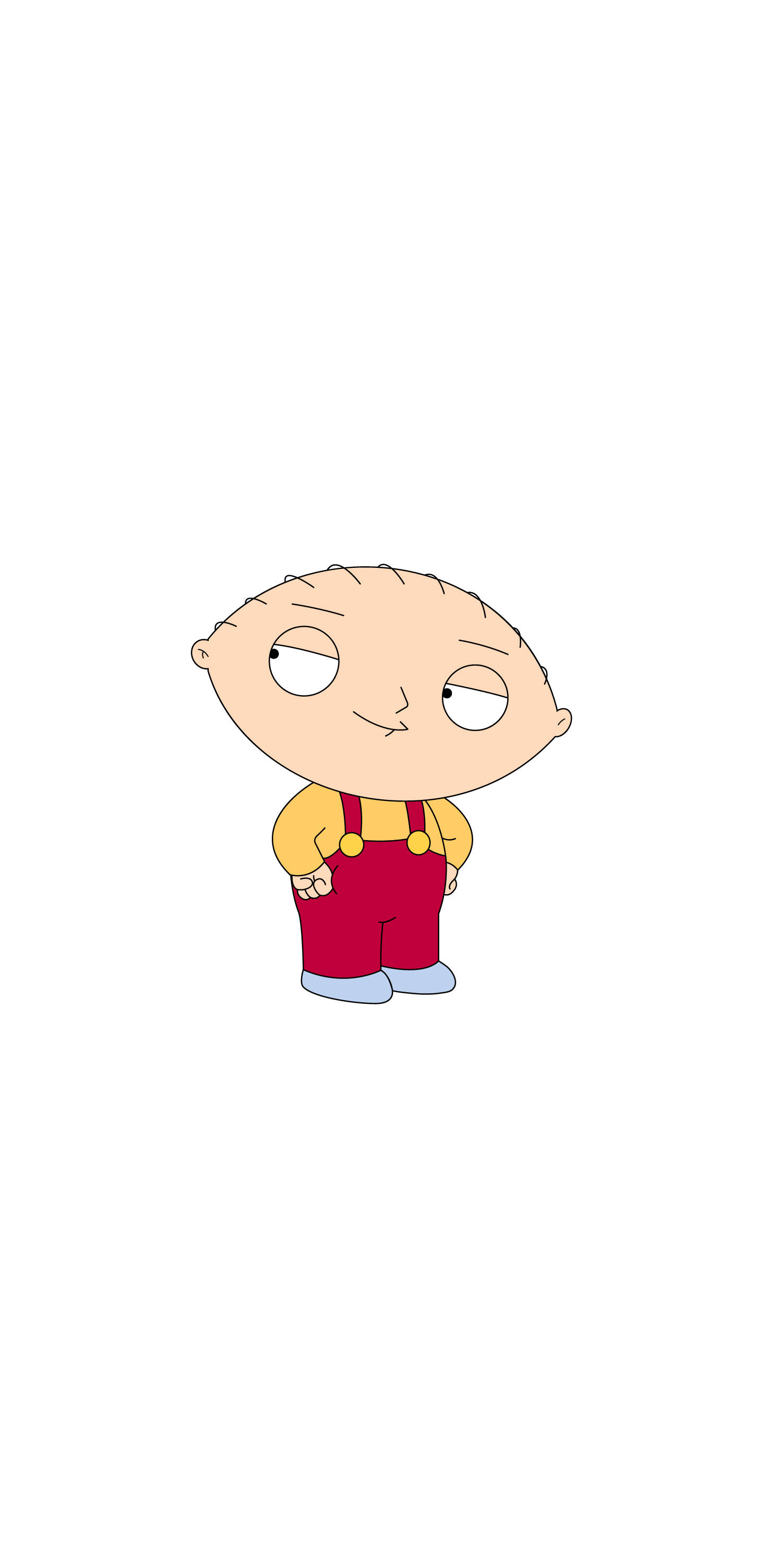 stewie 桌布 壁紙 — 一個卡通嬰兒，眼睛下垂，穿著紅色工裝褲，站在純白色背景前。