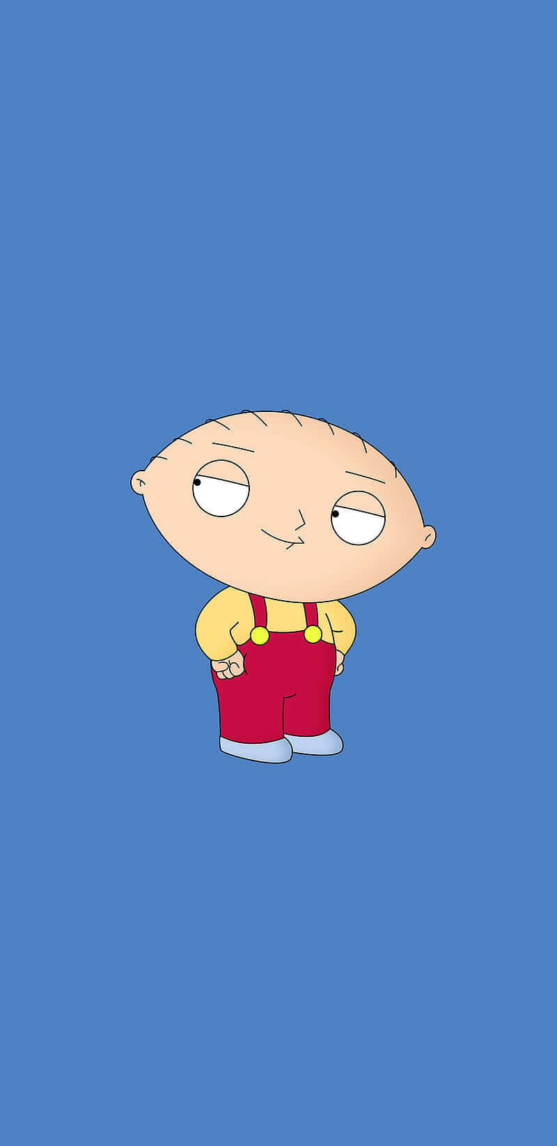 Funny Cartoon iPhone 桌布 壁紙 — 一個卡通嬰兒，眼睛下垂，穿著紅色吊帶褲，站在純藍色背景中央。