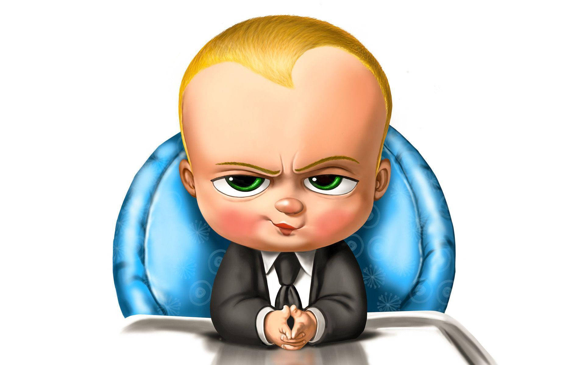 boss 桌布 壁紙 — 一個卡通嬰兒，綠色眼睛，金色頭髮，坐在高腳椅上，穿著黑色西裝和領帶，嚴厲地看著觀眾。
